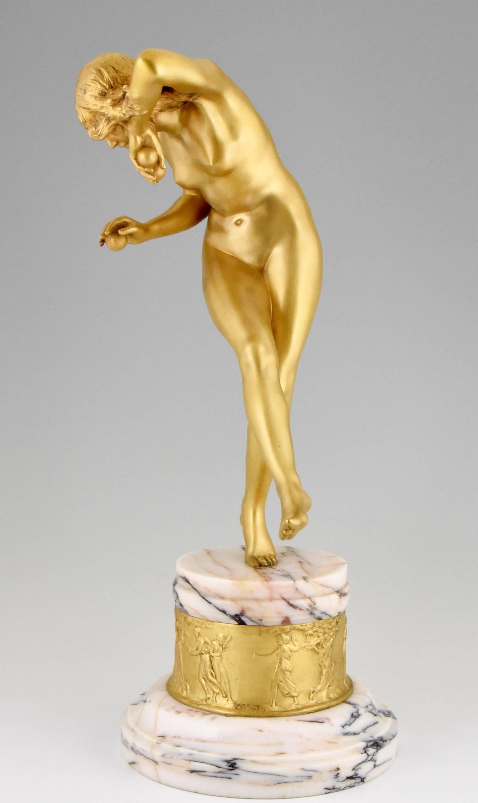French Art Nouveau bronze sculpture nude dancer by Louis Marie Jules Delapchier In Excellent Condition In Antwerp, BE