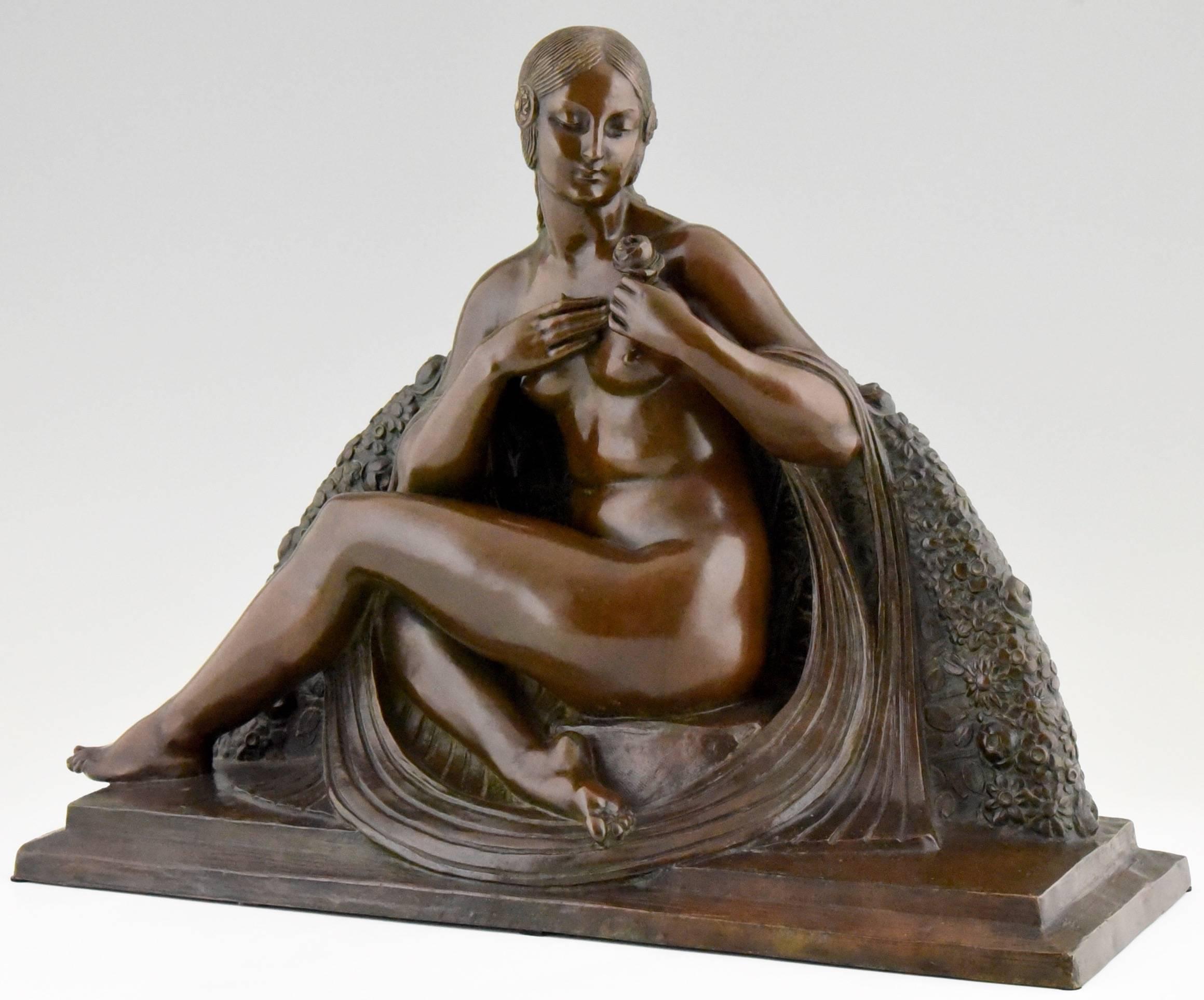 Patinated Art Deco Sculpture of a Seated Nude by Joe Descomps, Etling Foundry France 1925