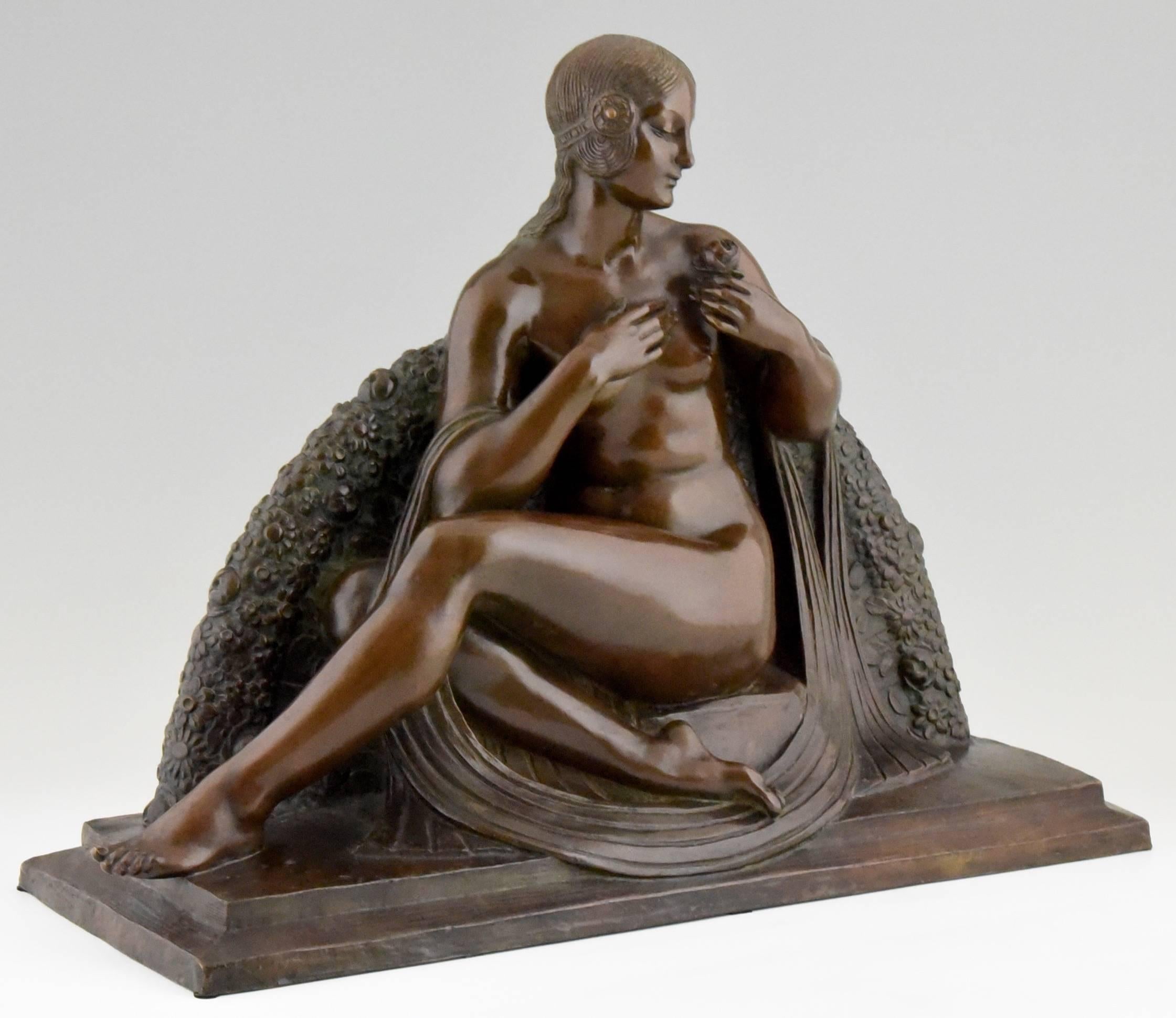 20th Century Art Deco Sculpture of a Seated Nude by Joe Descomps, Etling Foundry France 1925