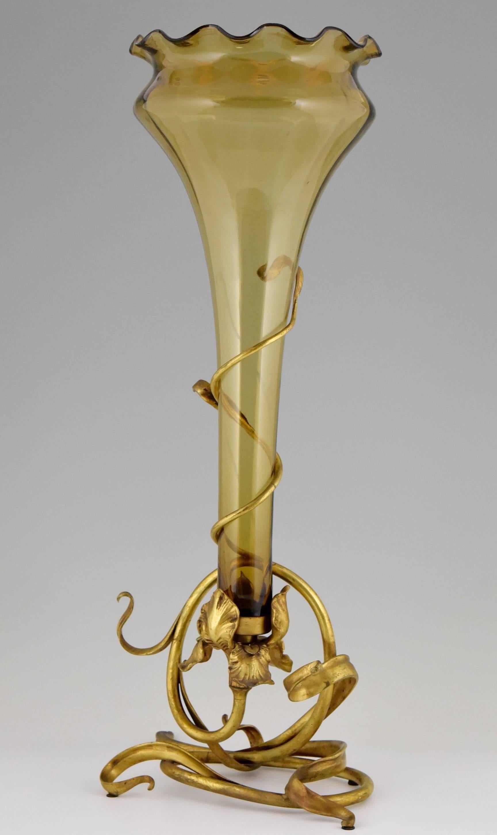 Belgian Art Nouveau Bronze & Glass Vase Attributed to L. Van Strydonck H., Belgium, 1900