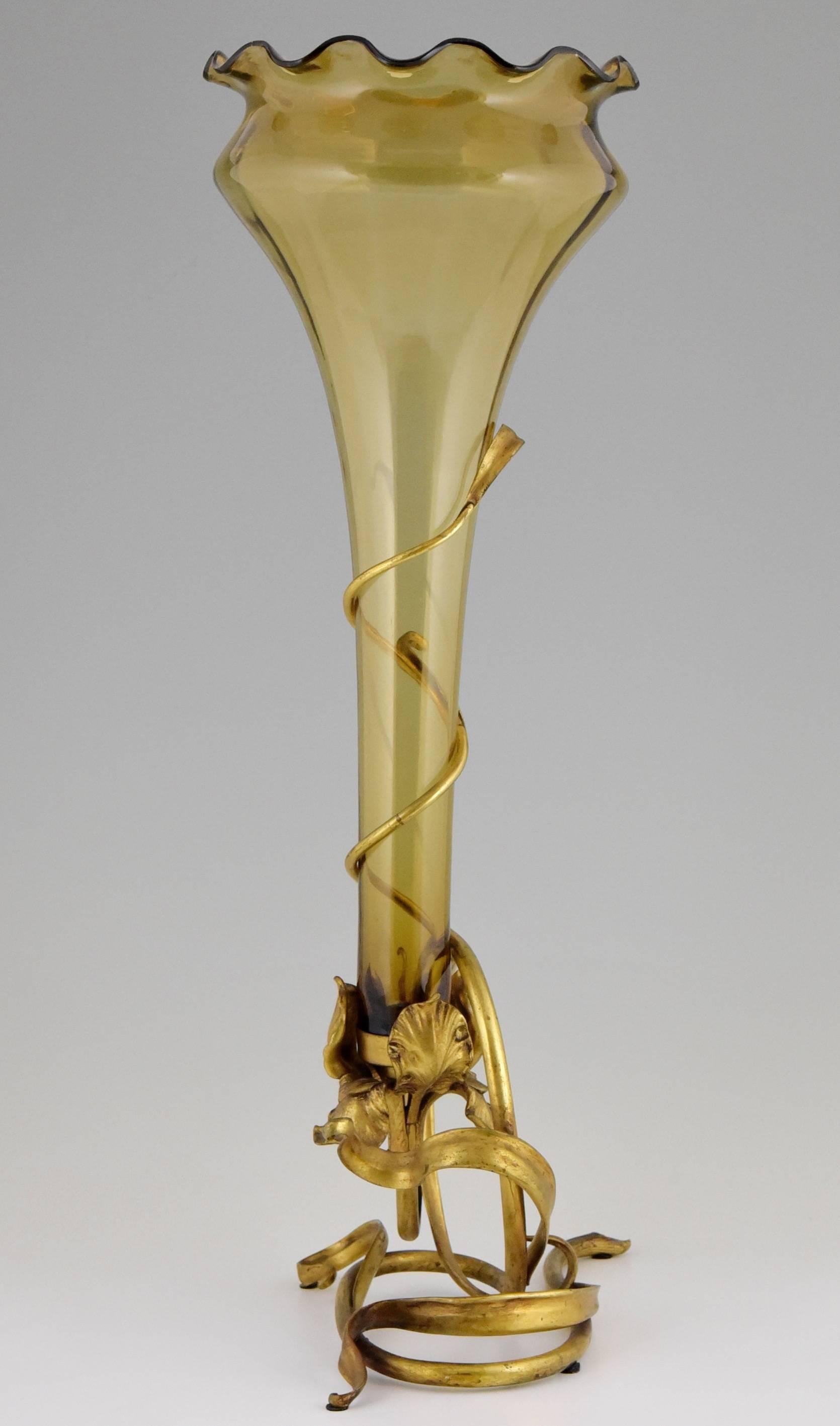 Gilt Art Nouveau Bronze & Glass Vase Attributed to L. Van Strydonck H., Belgium, 1900
