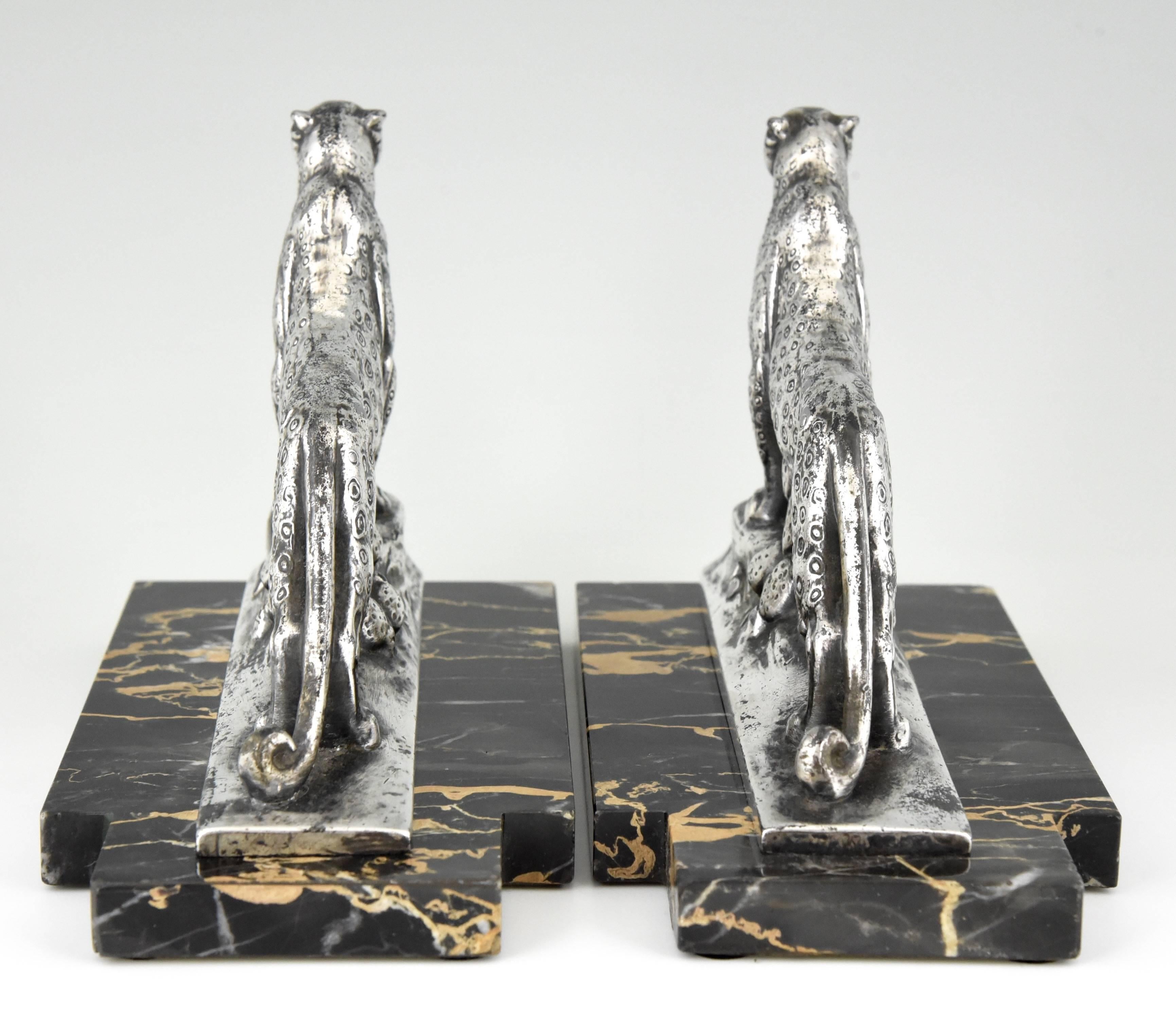 Silvered French Art Deco Panther Leopard Bookends by Maurice Frecourt, 1930