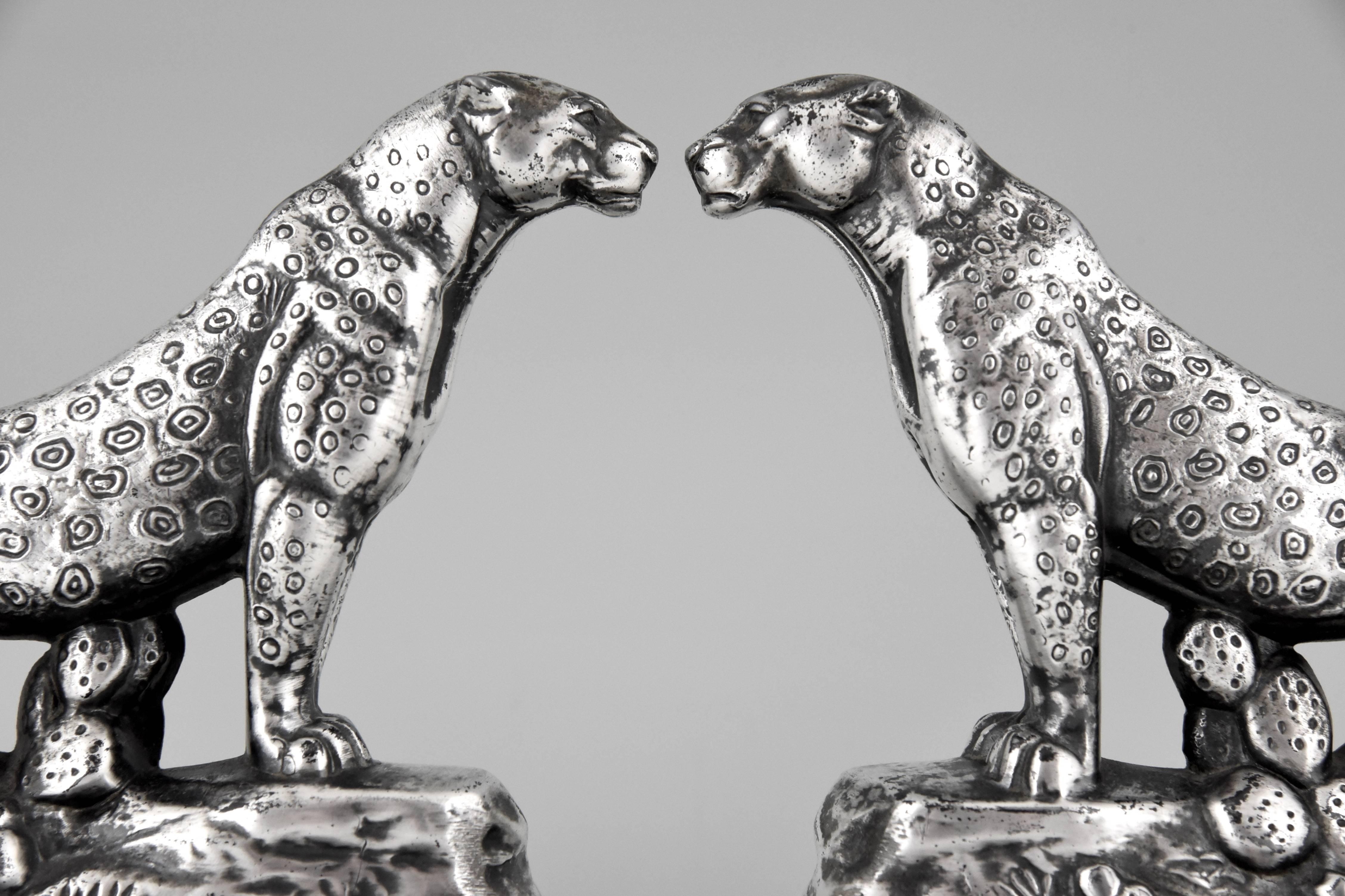 Metal French Art Deco Panther Leopard Bookends by Maurice Frecourt, 1930