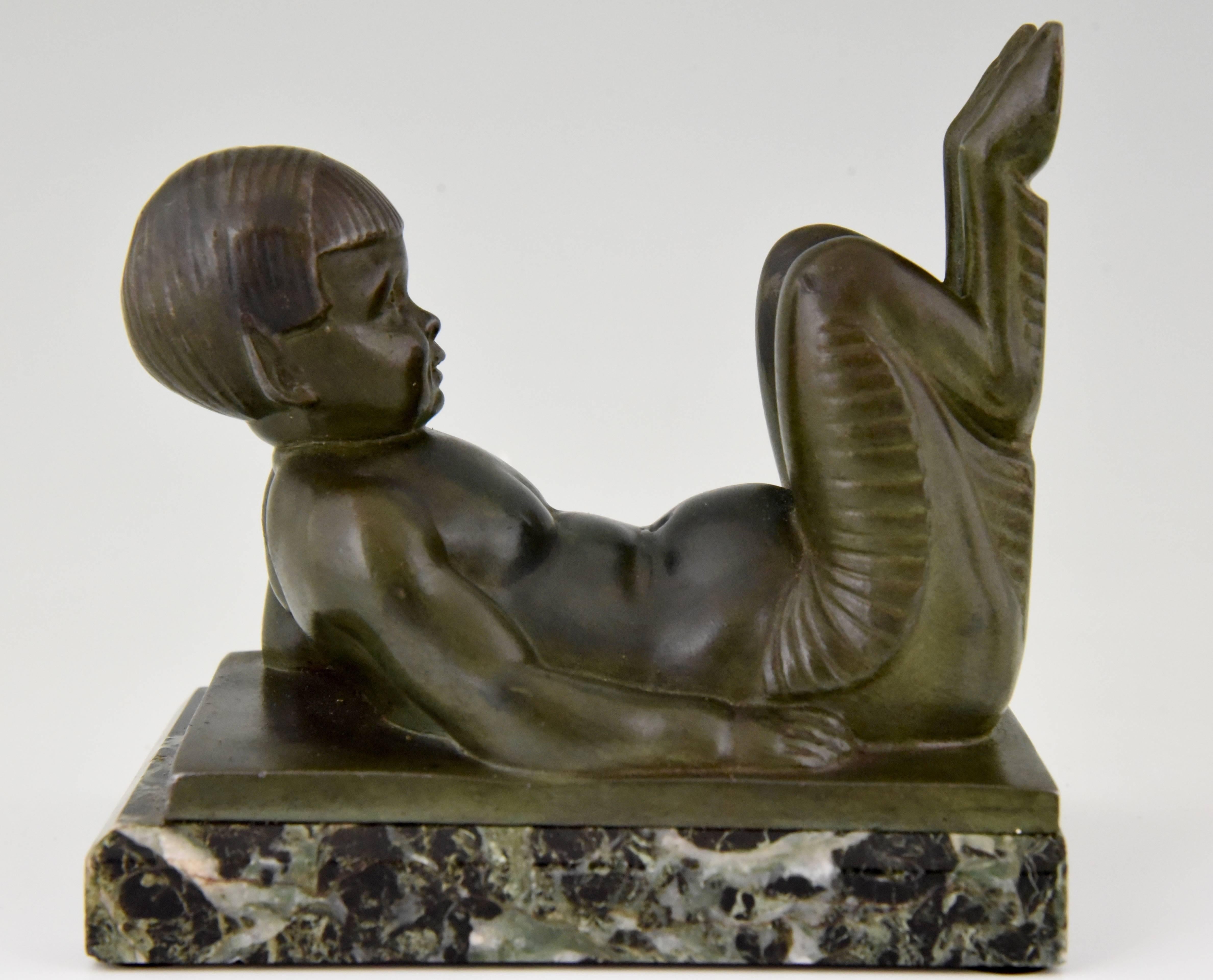 French Art Deco Bookends Young Satyrs by C. Charles on Marble Base, 1930 1