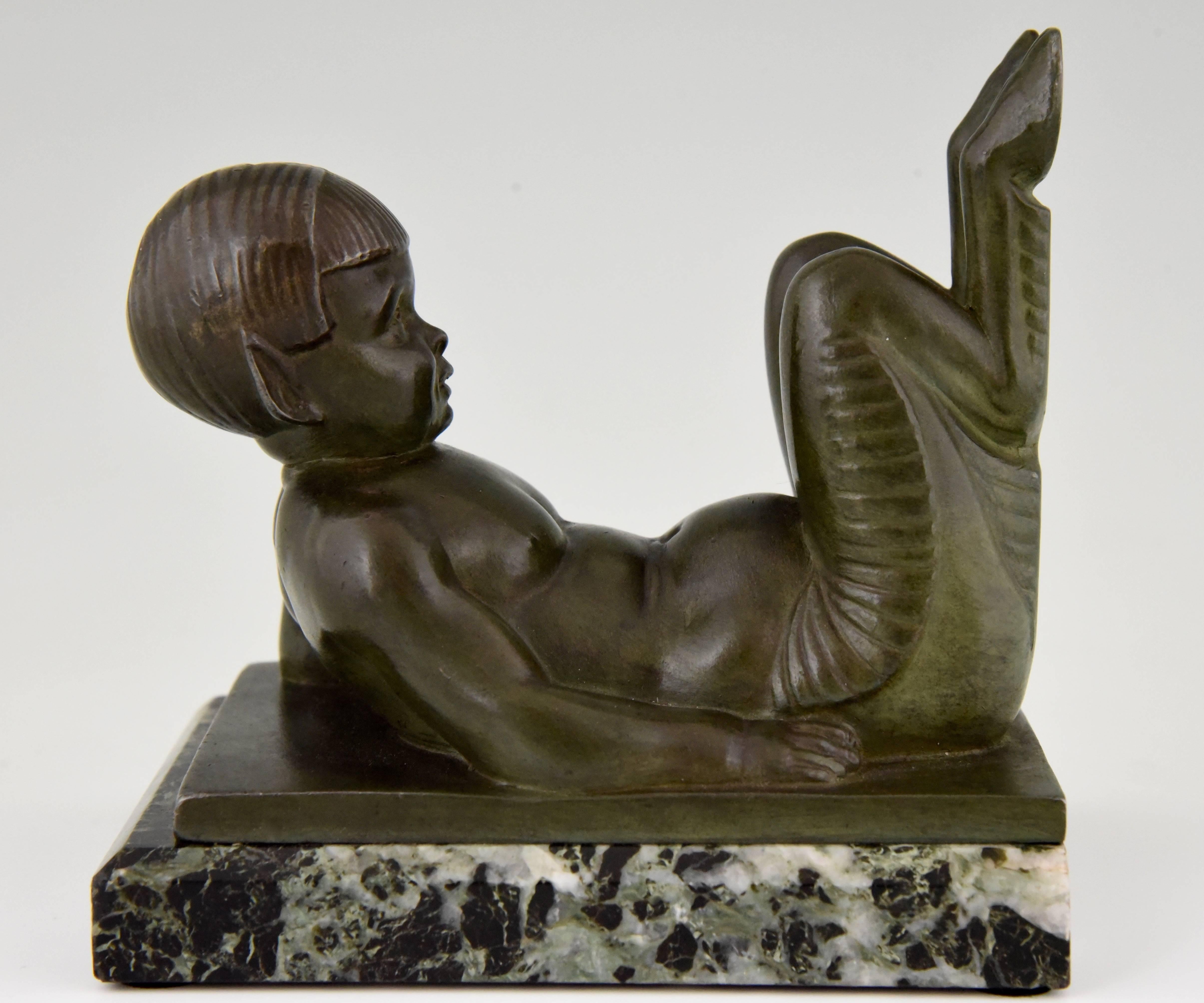 French Art Deco Bookends Young Satyrs by C. Charles on Marble Base, 1930 2