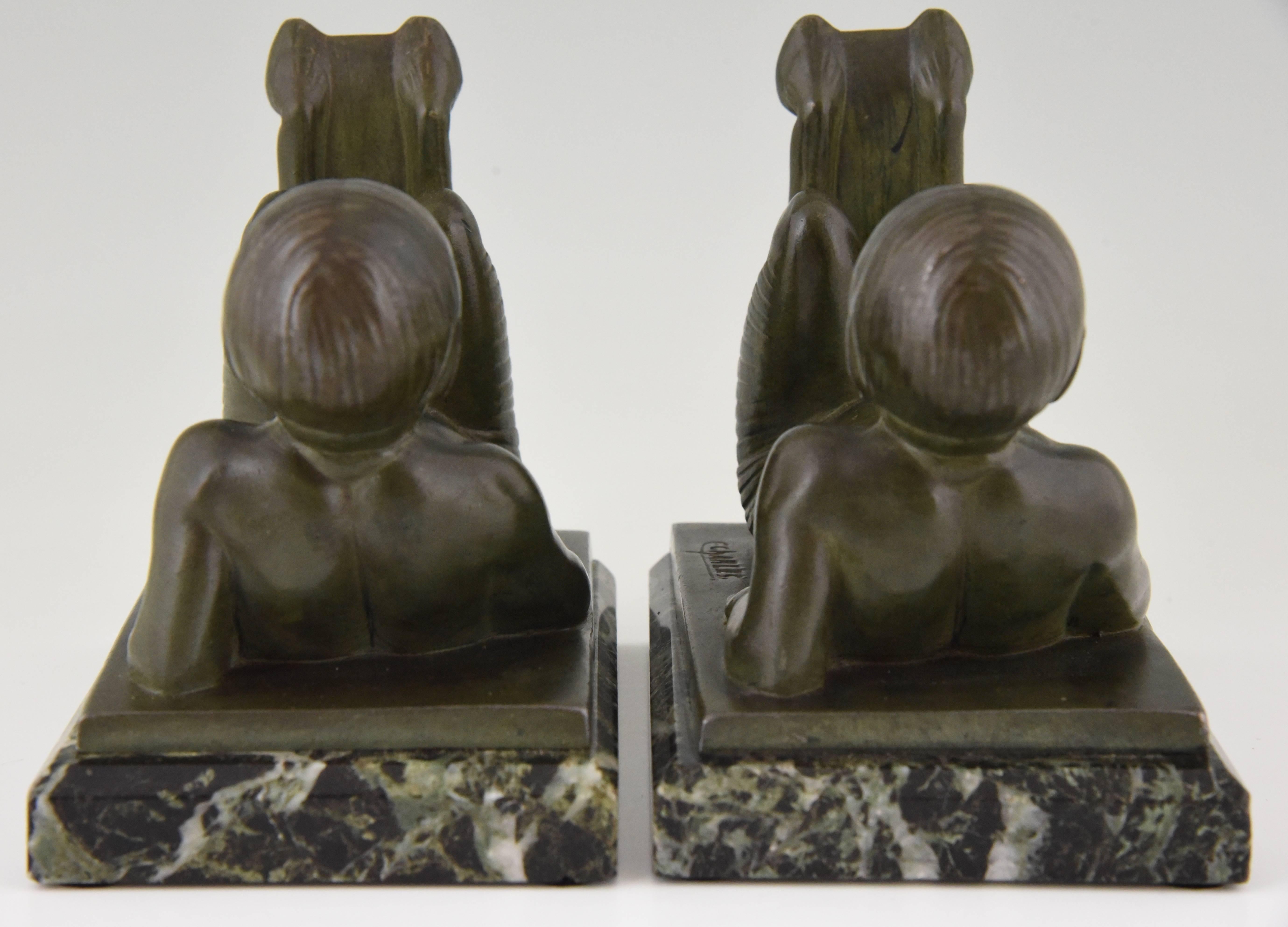 20th Century French Art Deco Bookends Young Satyrs by C. Charles on Marble Base, 1930