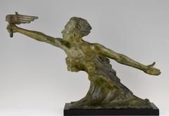 French Art Deco Bronze Sculpture of a Man with Torch by Frederic Focht