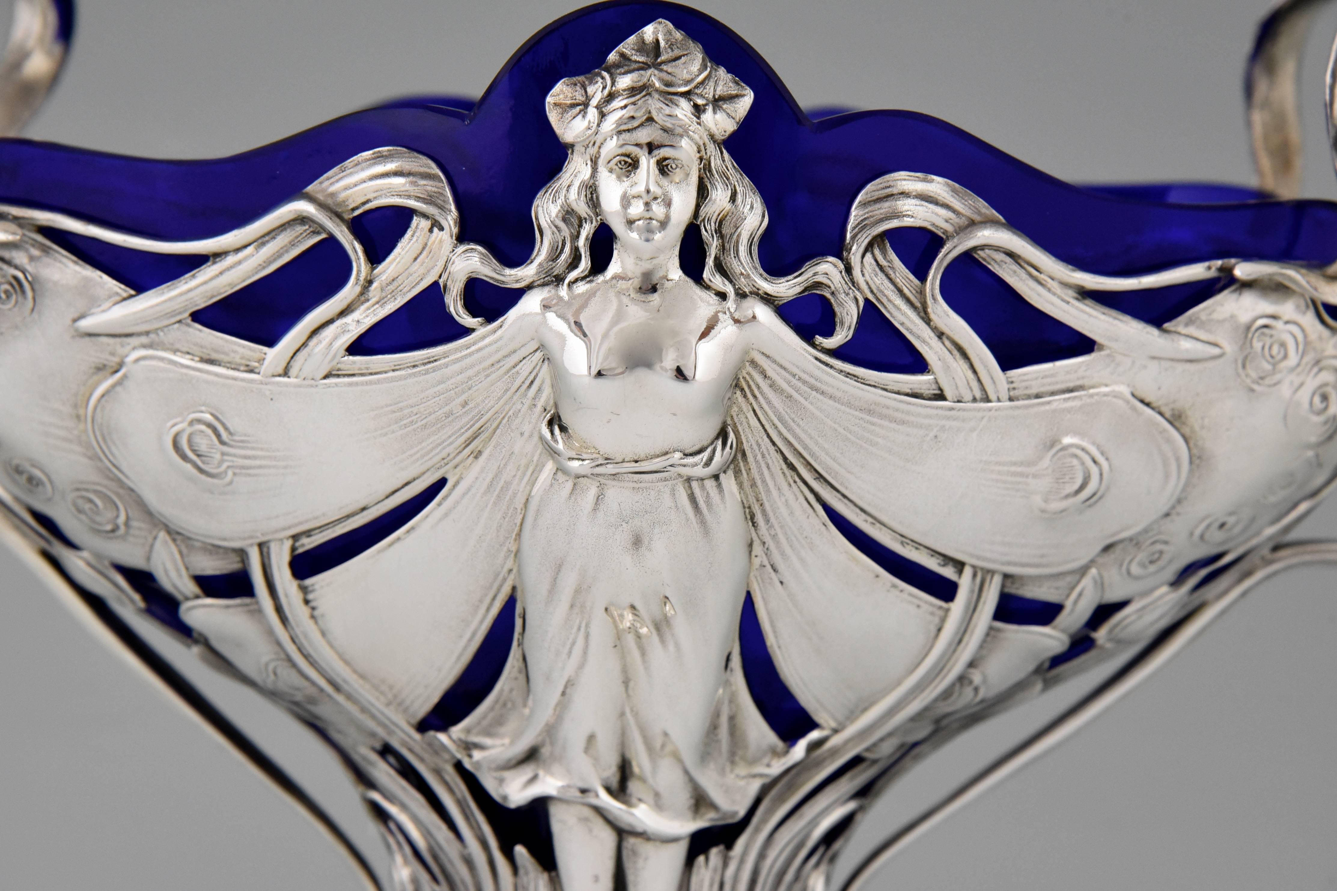 Silvered Art Nouveau silvered flower dish with nymph blue glass liner WMF 1906