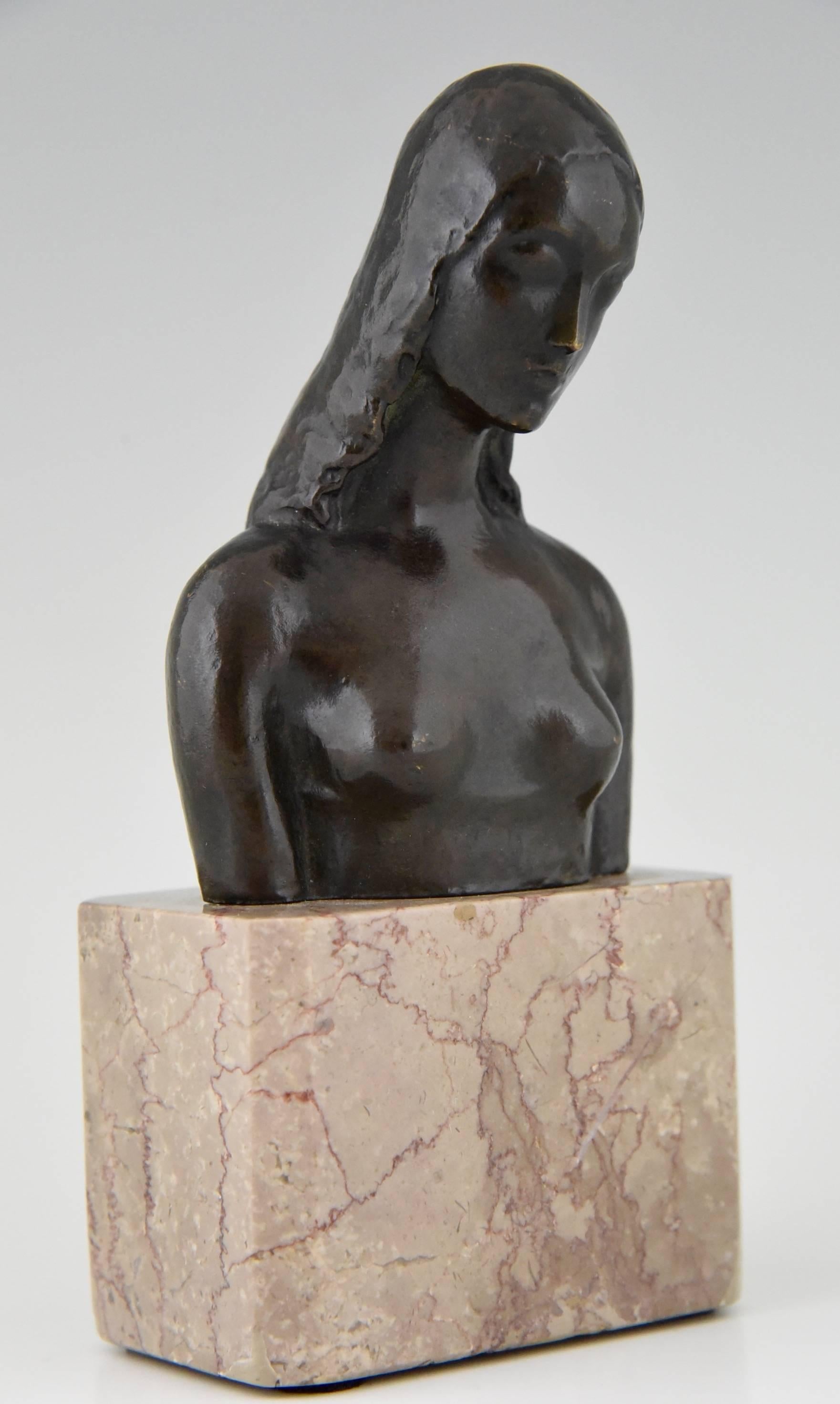 Patinated American Art Deco Bronze Bust of a Female Nude by Simon Moselsio 1930