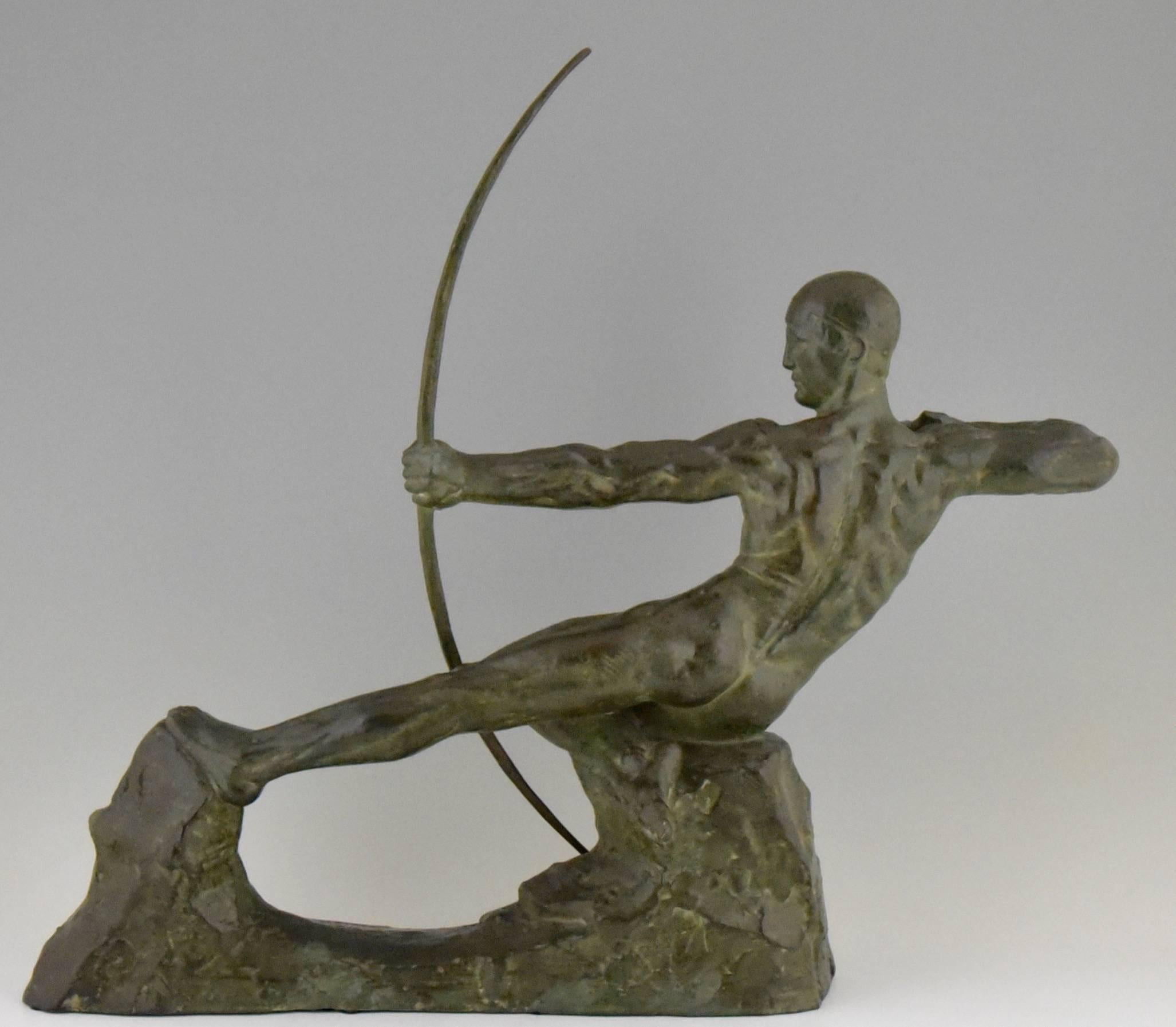 Patinated French Art Deco Bronze Sculpture of Male Nude Archer by Victor Demanet, 1930