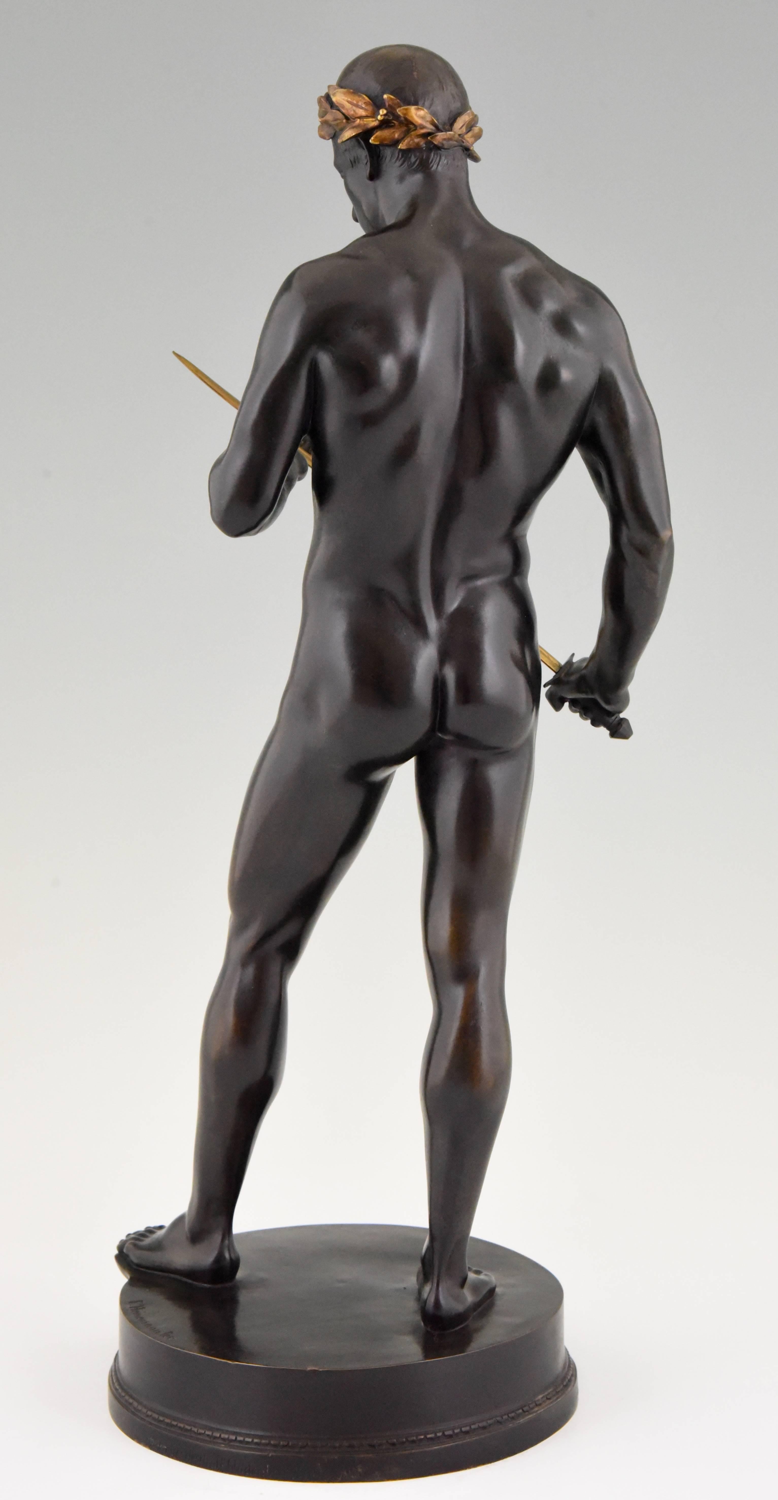 Neoclassical Antique Bronze Sculpture Male Nude with Sword by Fritz Heinemann, 1890