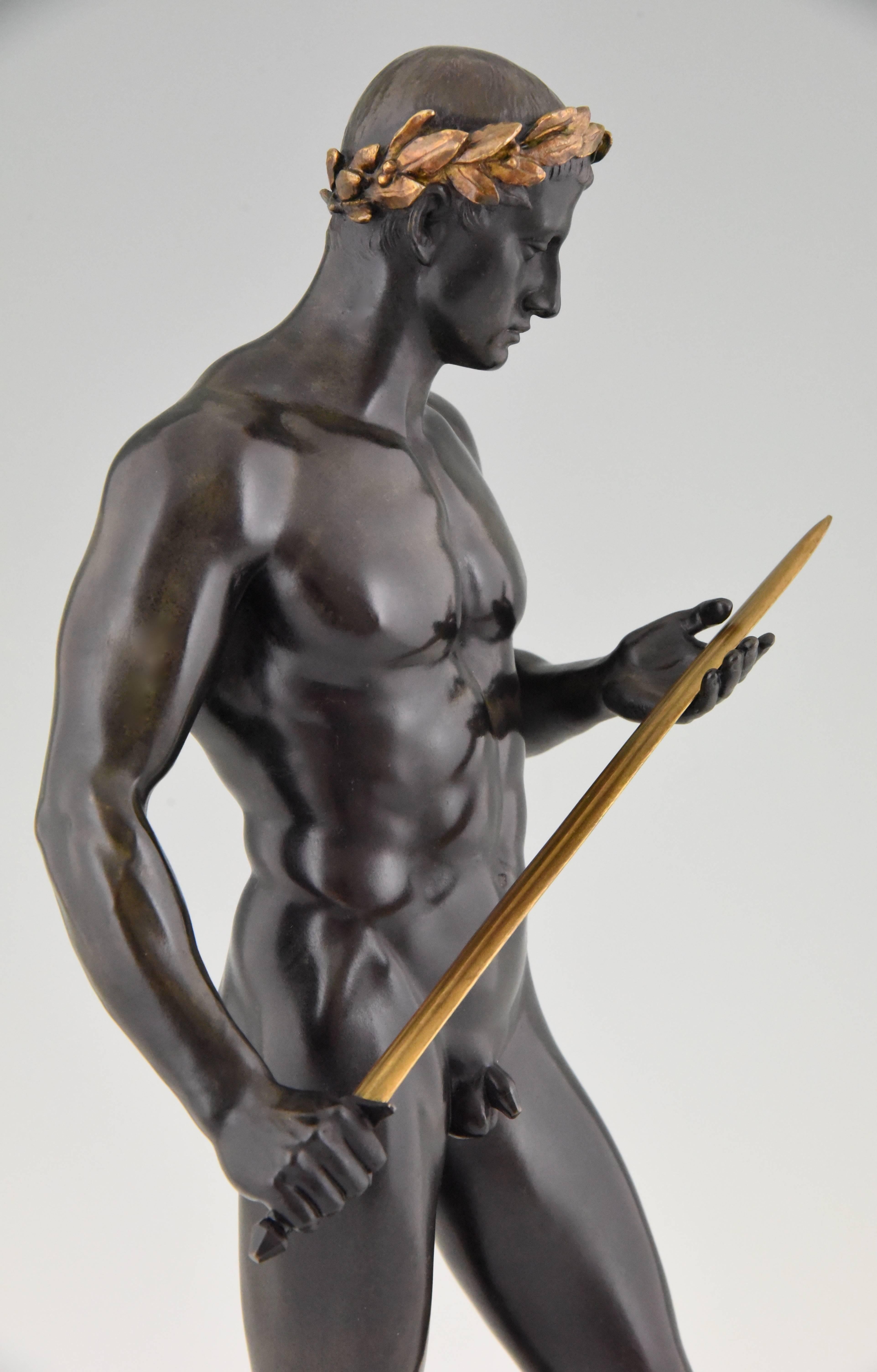 19th Century Antique Bronze Sculpture Male Nude with Sword by Fritz Heinemann, 1890