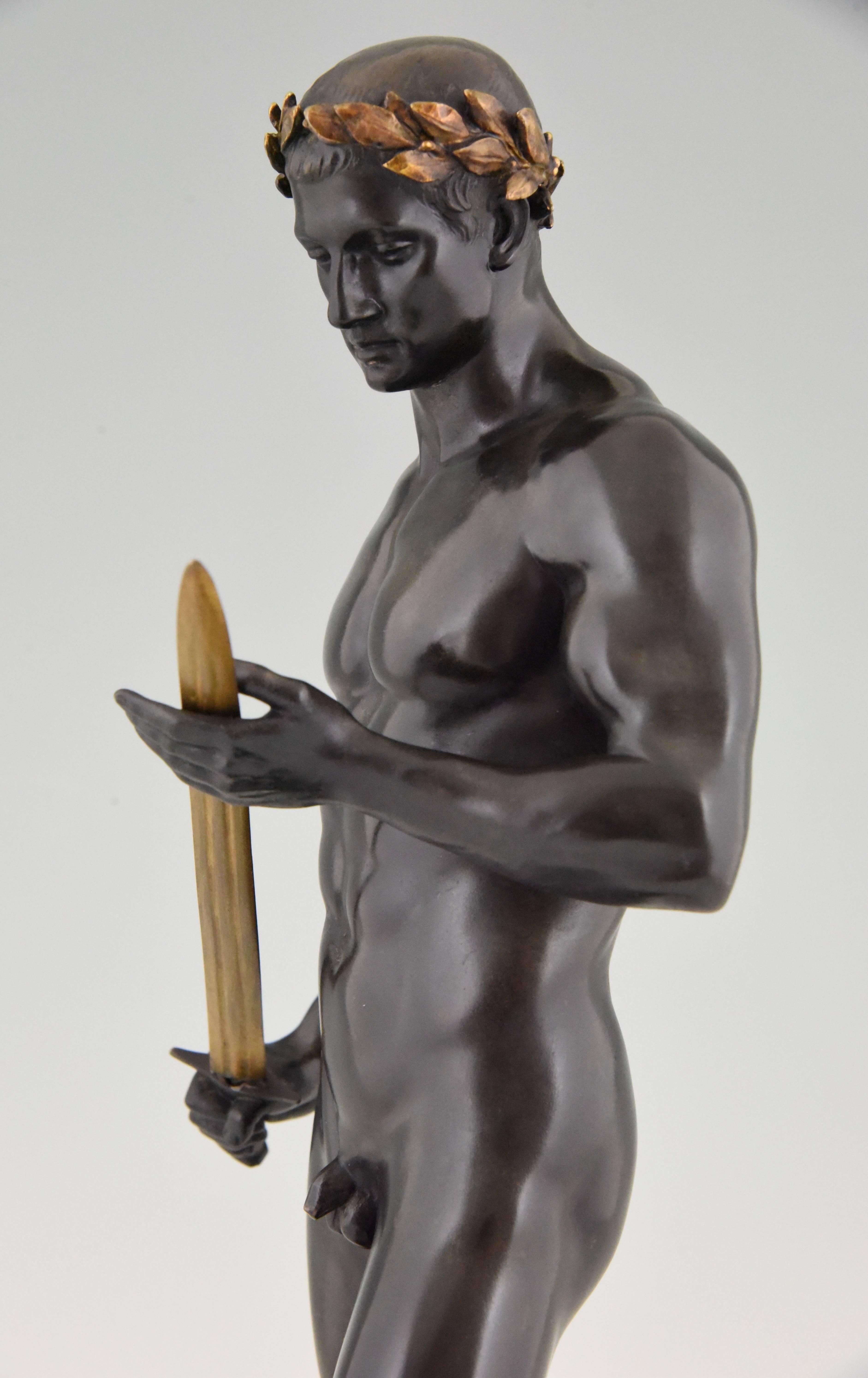 Antique Bronze Sculpture Male Nude with Sword by Fritz Heinemann, 1890 1