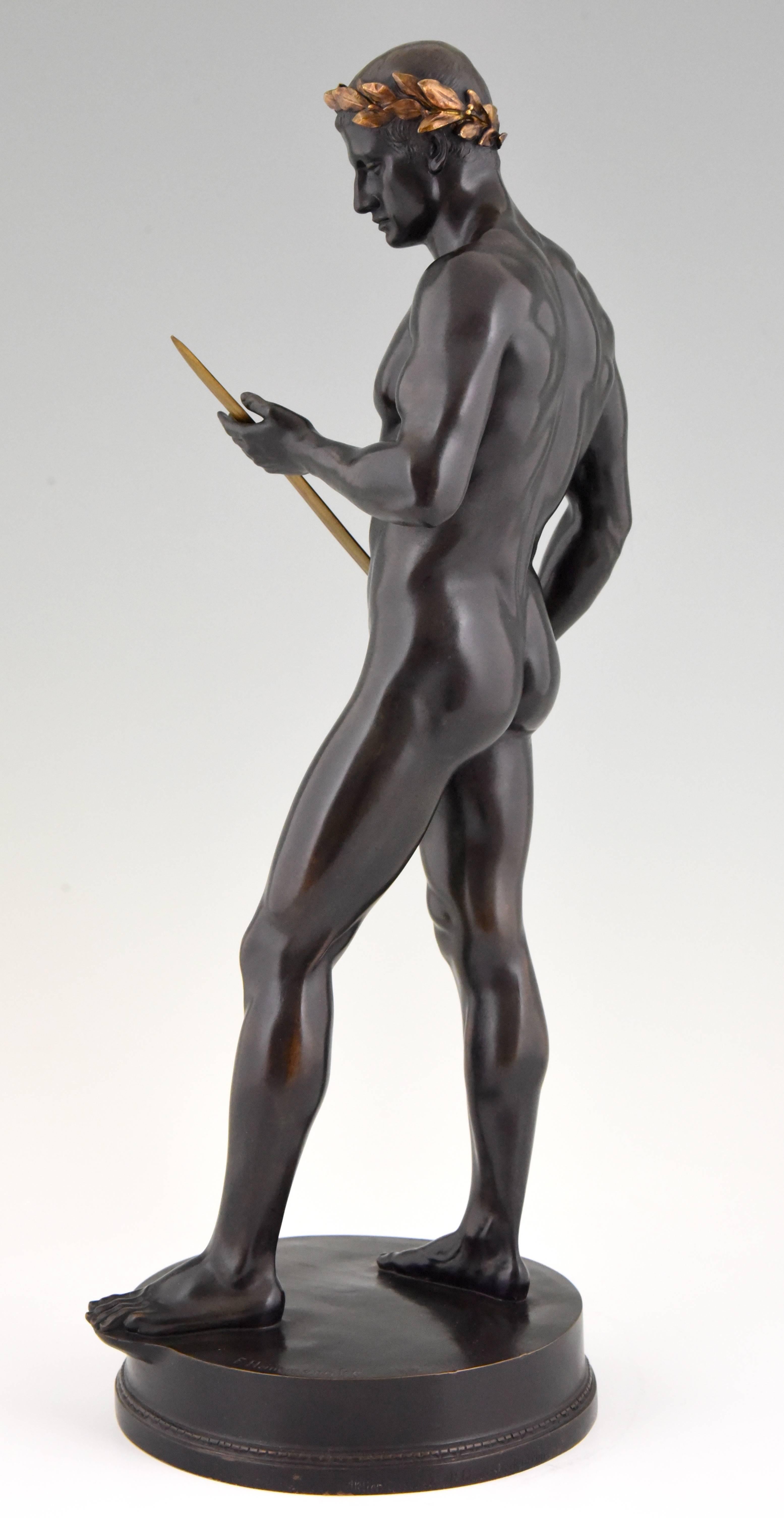 Patinated Antique Bronze Sculpture Male Nude with Sword by Fritz Heinemann, 1890