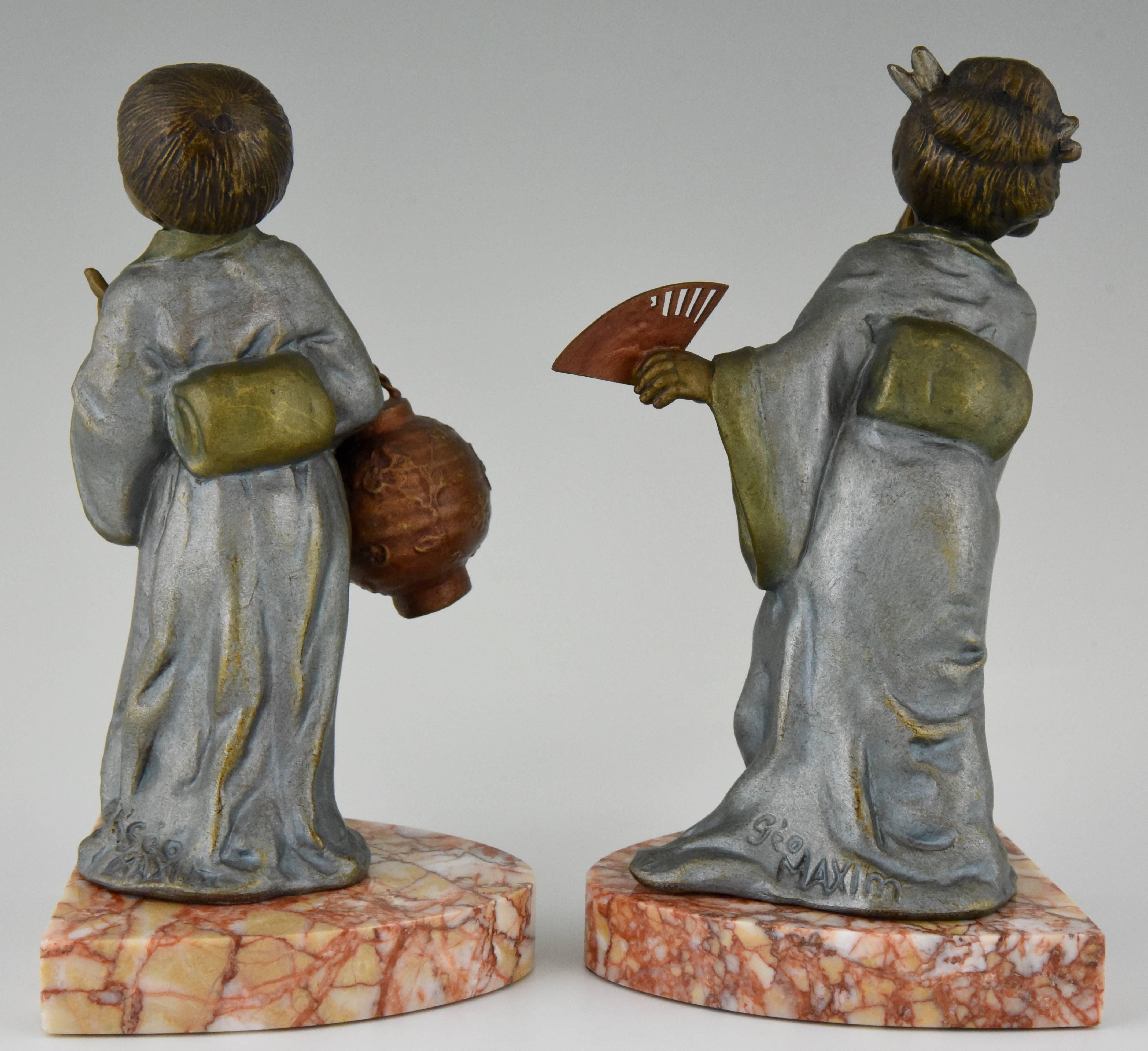 French Art Deco Bookends with Chinese Children, Geo Maxim, 1930 France