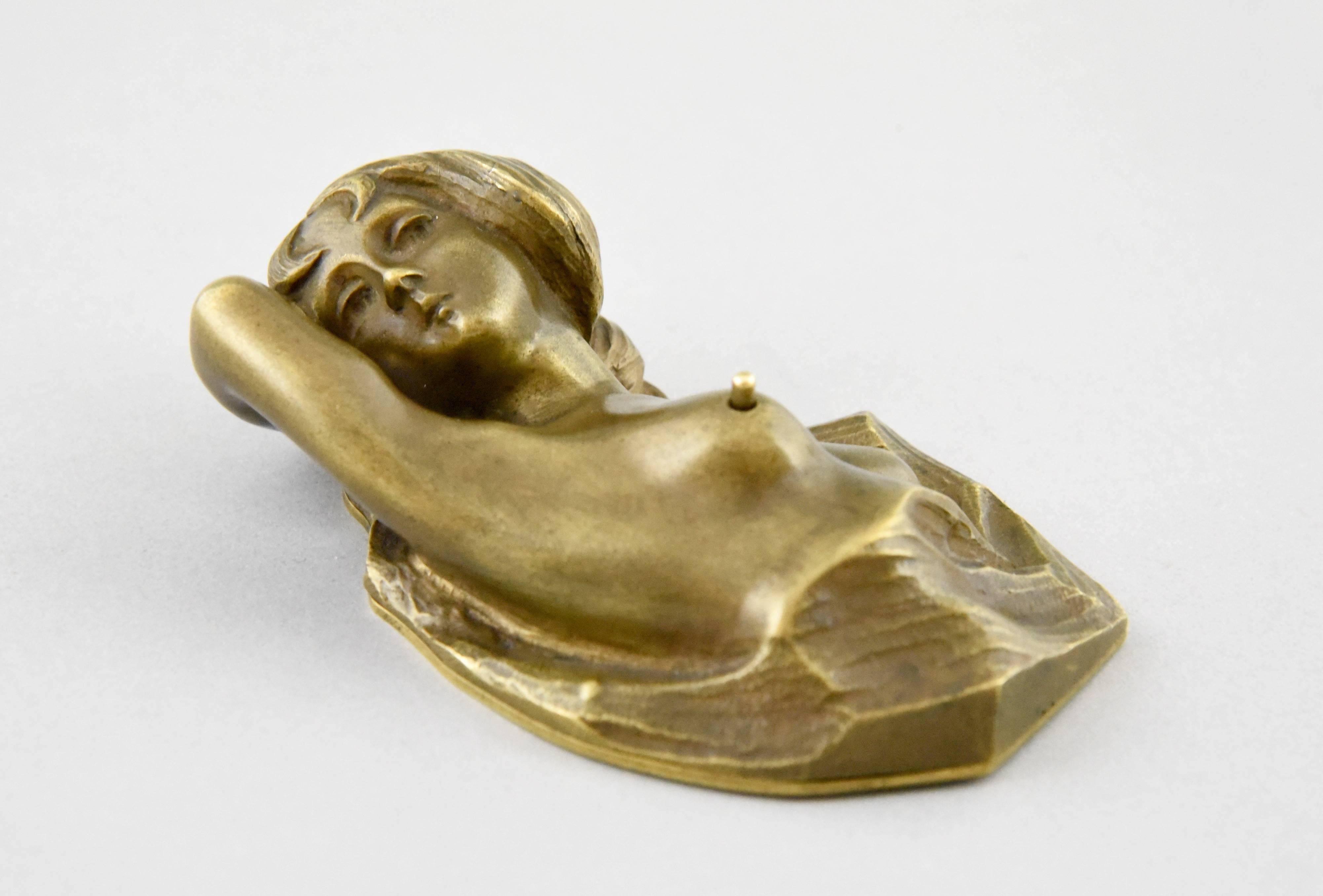Art Nouveau Vienna bronze erotic table bell in the form of a  nude. 
Around 1900 these bells were used to call the servants.