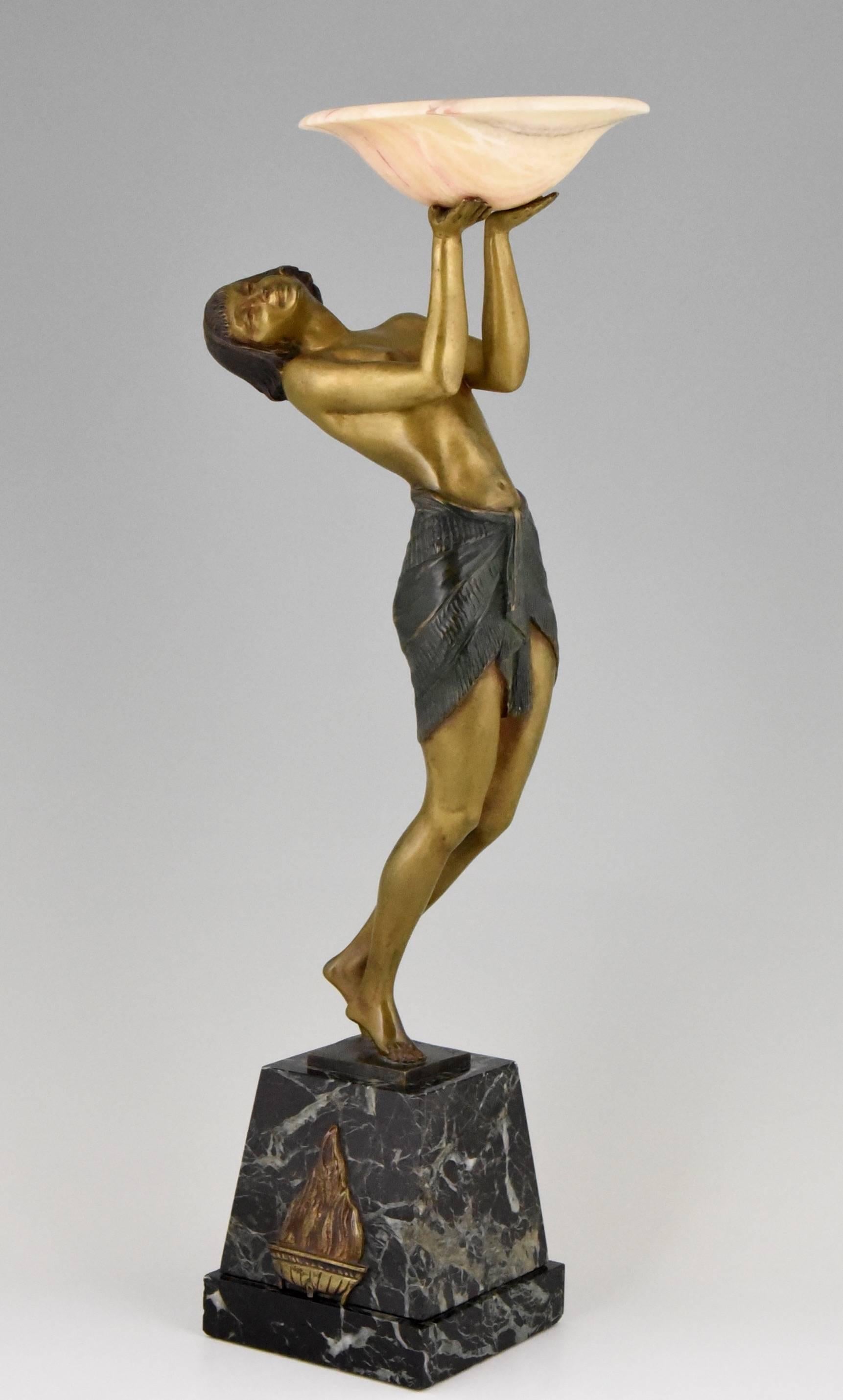 Patinated Art Deco Bronze sculpture of a nude Holding a Tray by Pierre Laurel 1930 France