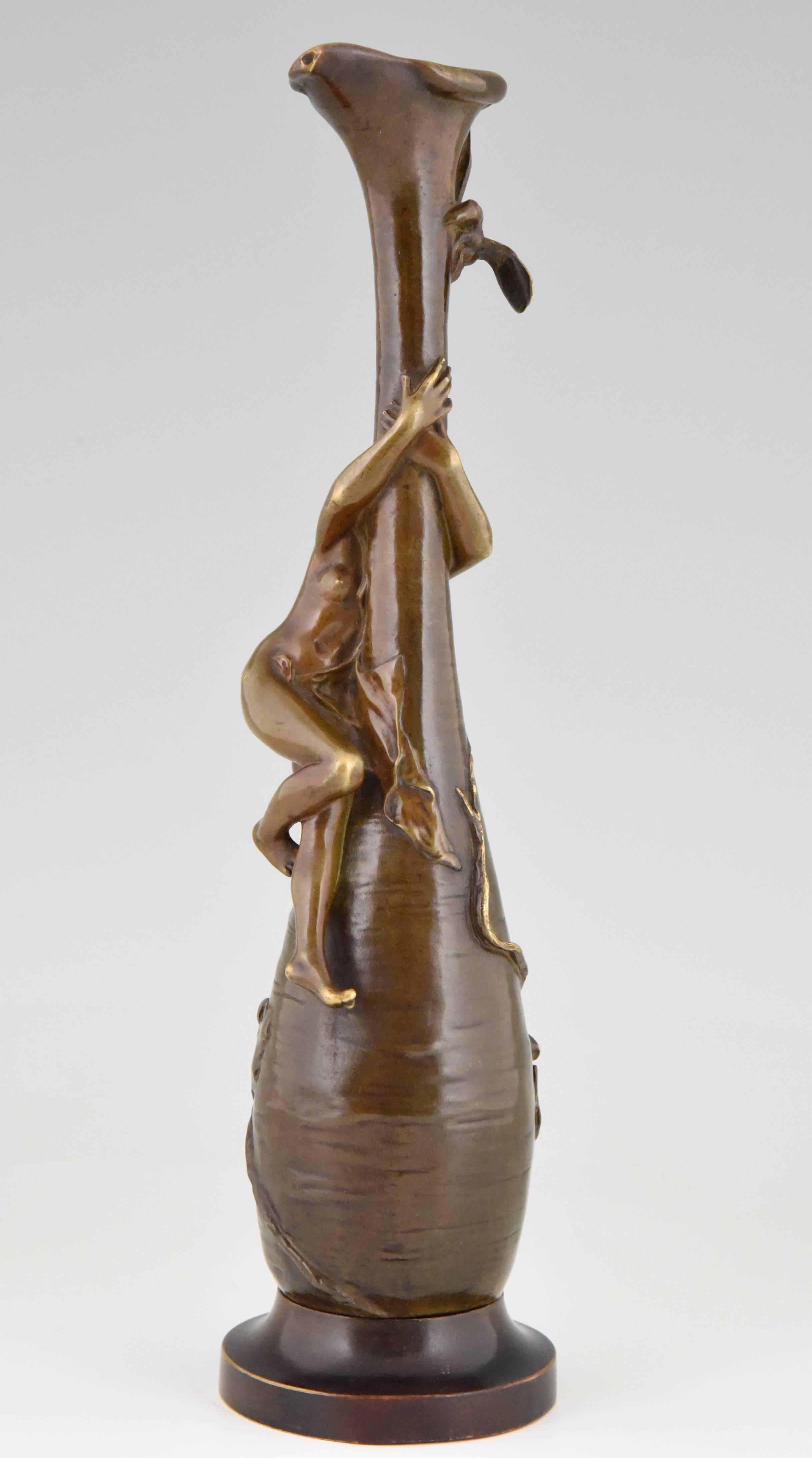 Patinated French bronze sculptural Art Nouveau vase with nude by Antoine Bofill 1900
