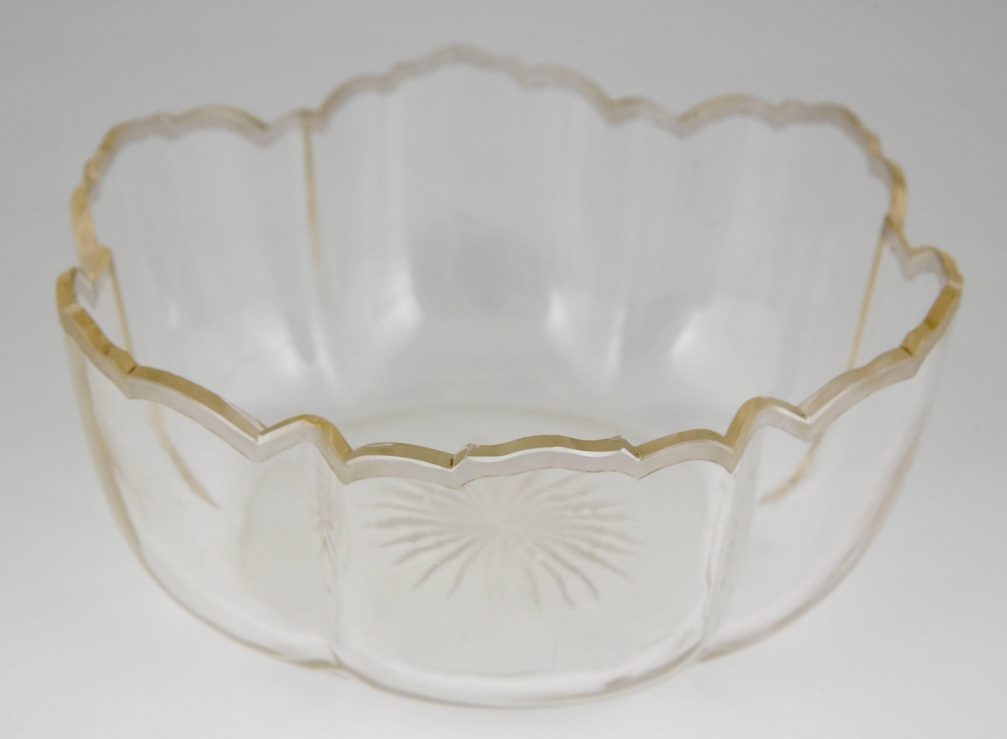 Glass German Art Nouveau silver flower dish with glass liner by A. Strobl, 1900.