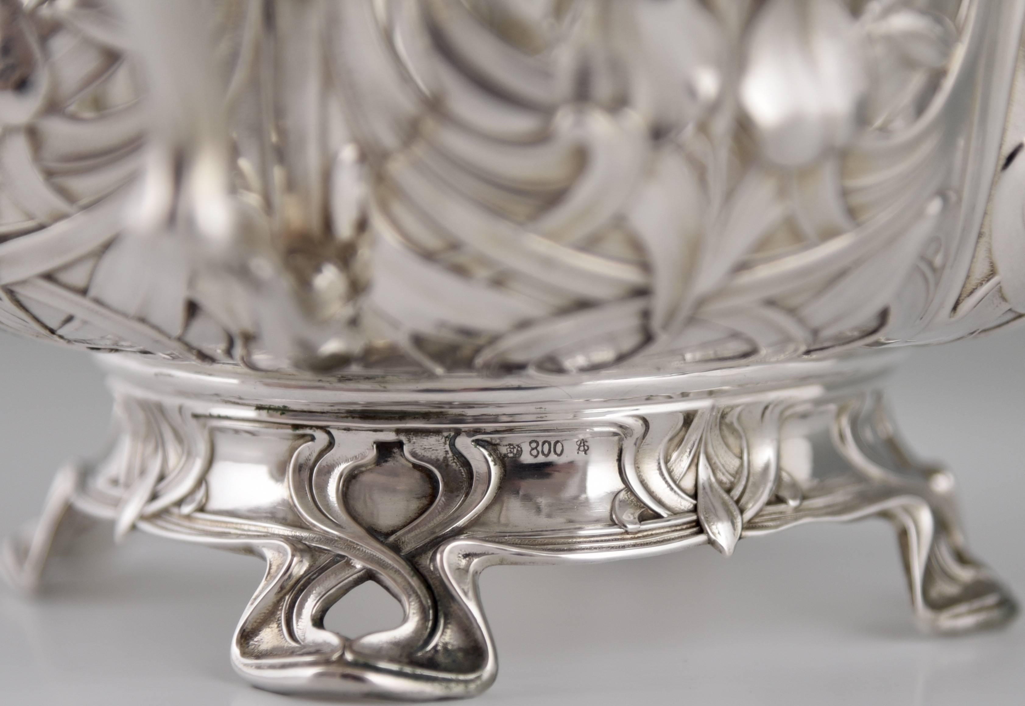 German Art Nouveau silver flower dish with glass liner by A. Strobl, 1900. 1
