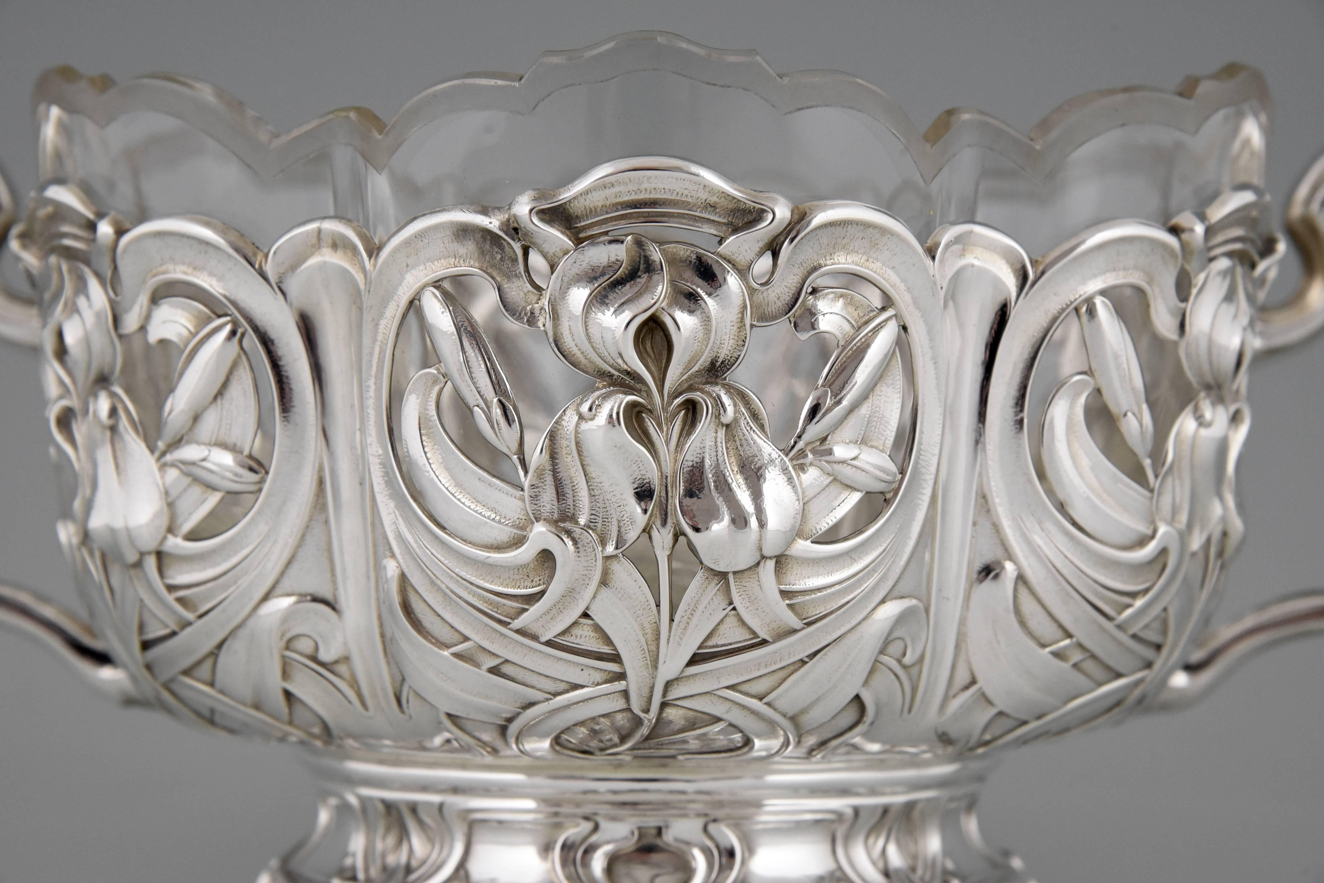 German Art Nouveau silver flower dish with glass liner by A. Strobl, 1900. 2