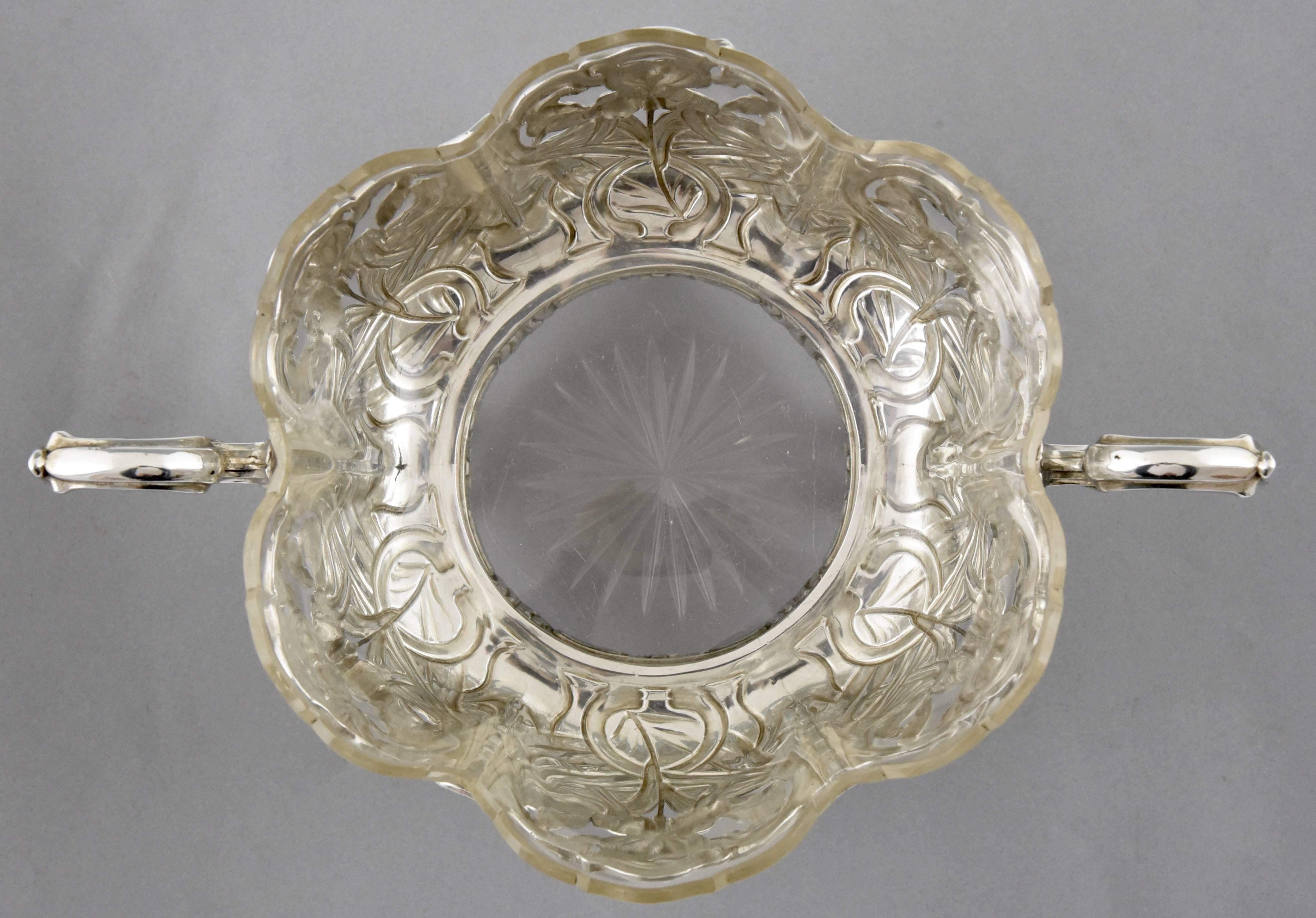 German Art Nouveau silver flower dish with glass liner by A. Strobl, 1900. 3