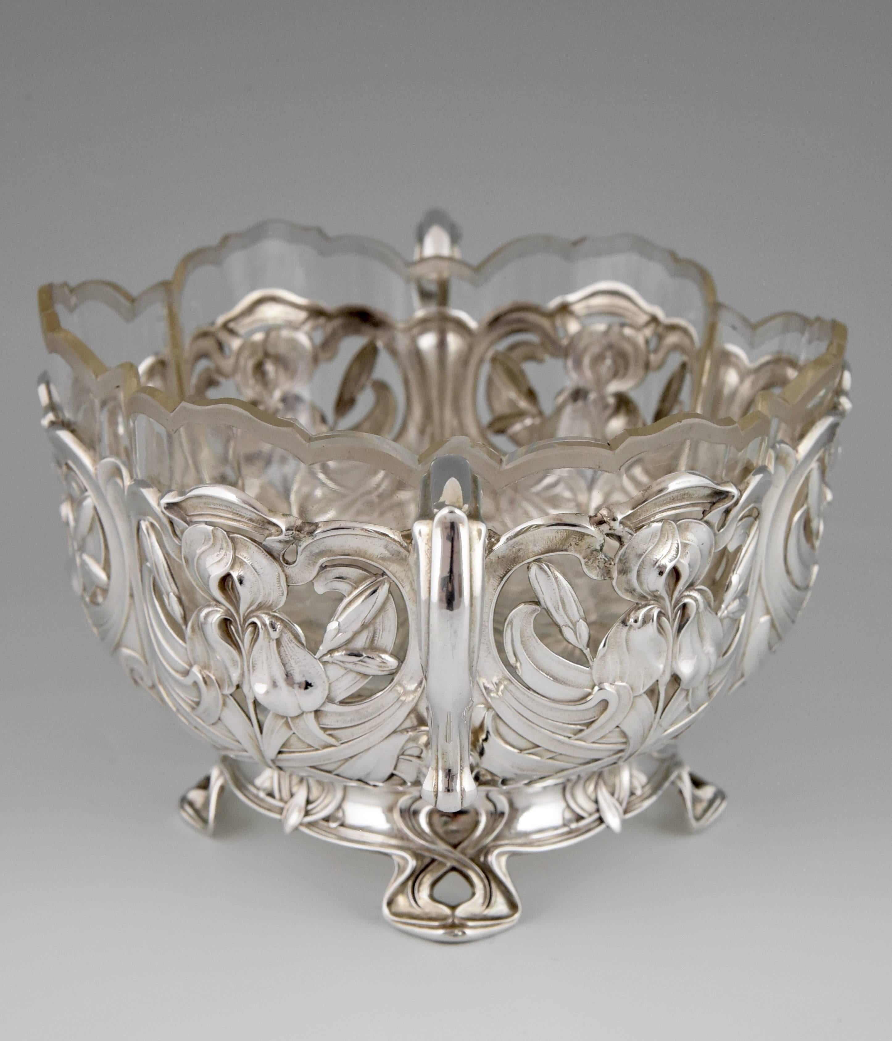 German Art Nouveau silver flower dish with glass liner by A. Strobl, 1900. 4