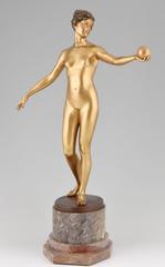 Art Nouveau bronze sculpture of a nude holding a ball by Hans Keck 1900