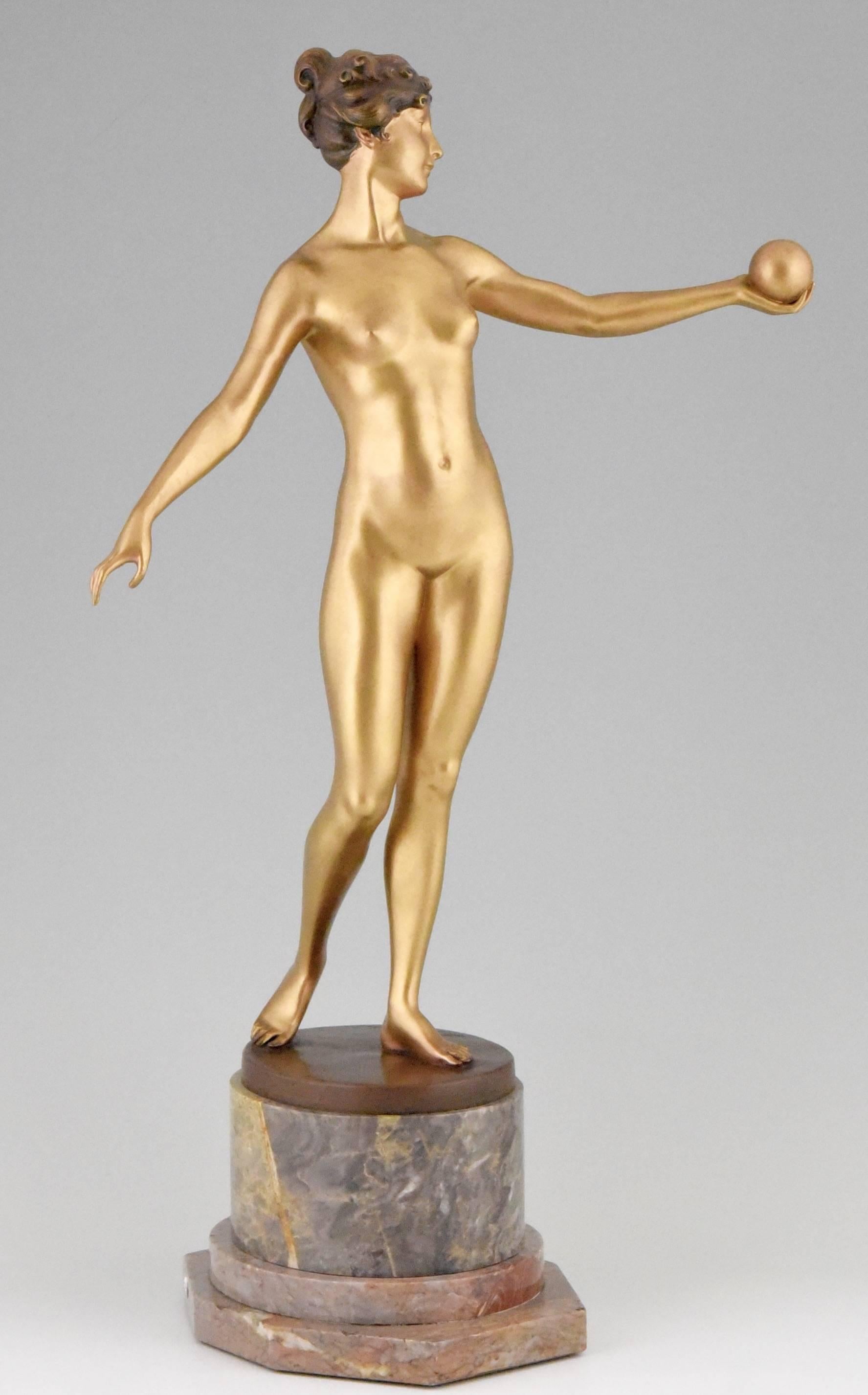 Gilt Art Nouveau bronze sculpture of a nude holding a ball by Hans Keck 1900