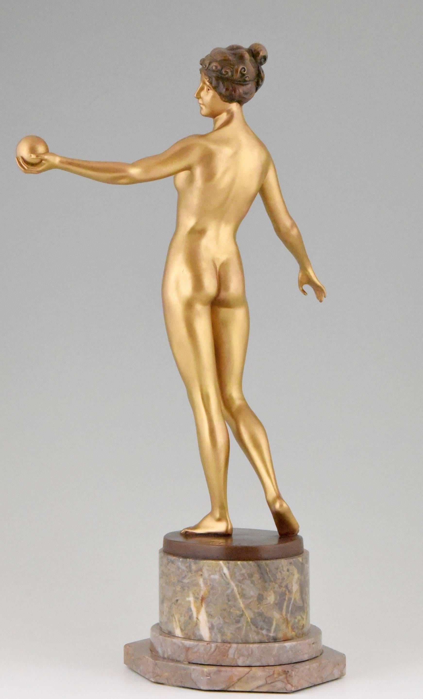 20th Century Art Nouveau bronze sculpture of a nude holding a ball by Hans Keck 1900
