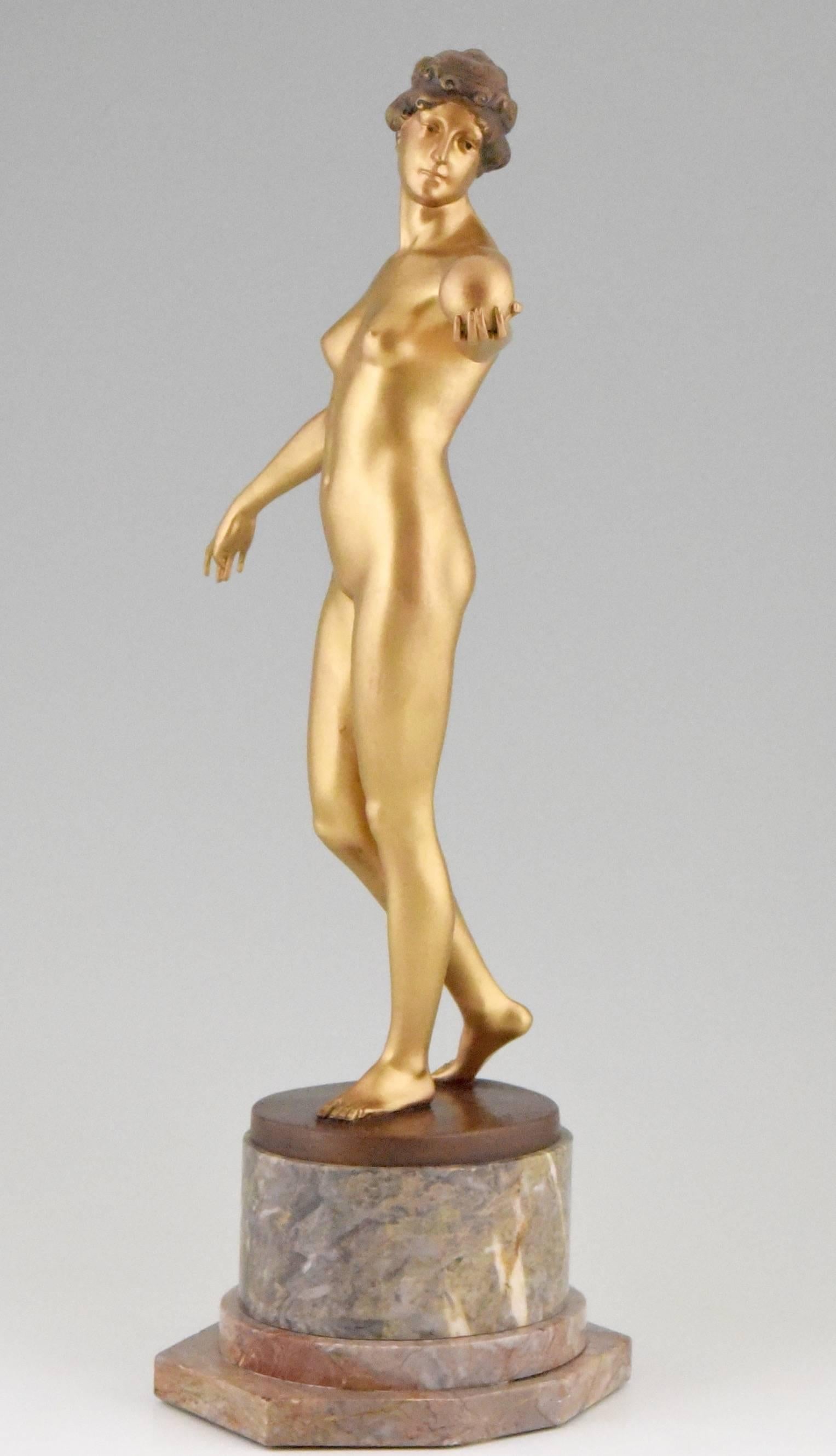 German Art Nouveau bronze sculpture of a nude holding a ball by Hans Keck 1900