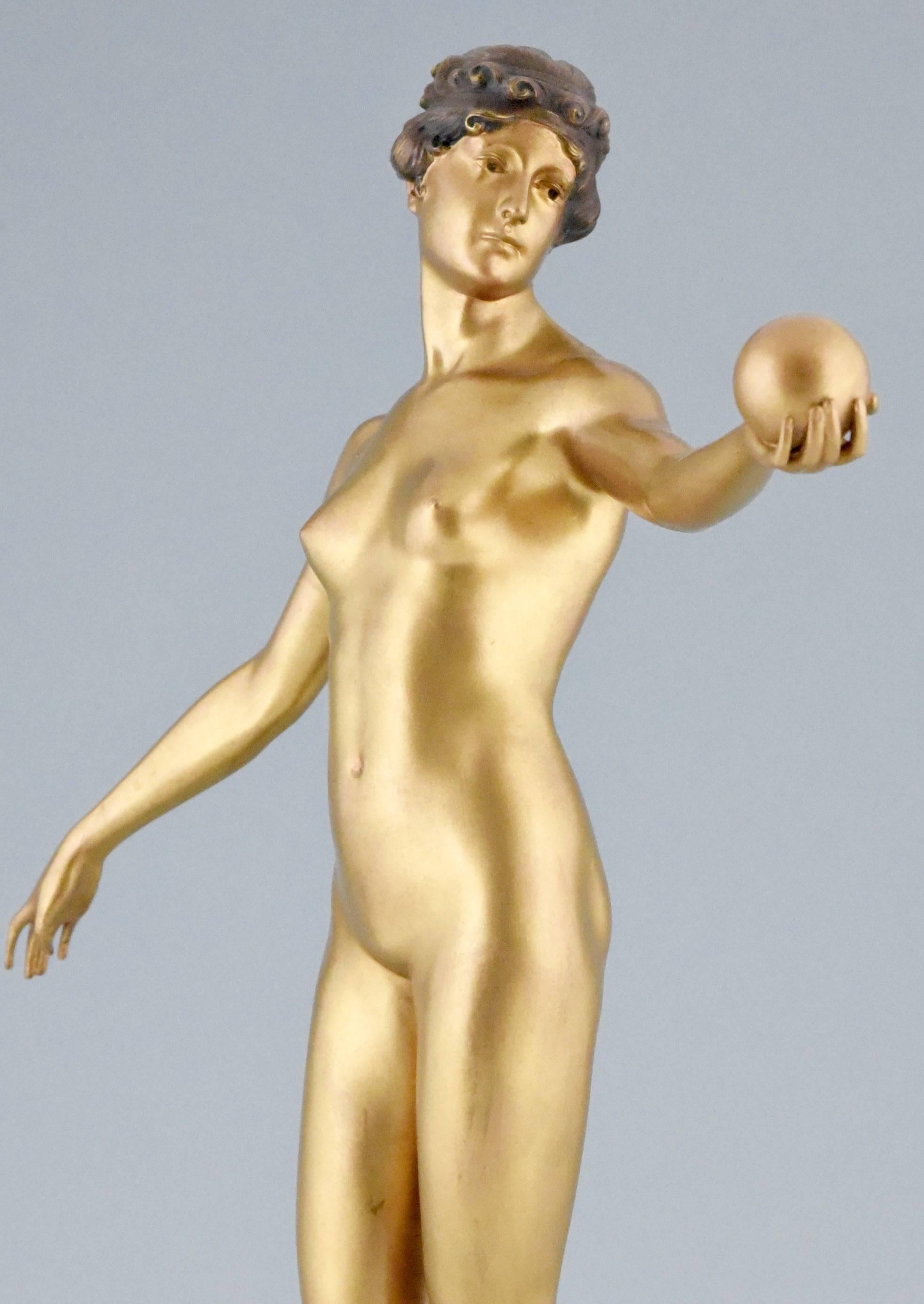 Art Nouveau bronze sculpture of a nude holding a ball by Hans Keck 1900 2