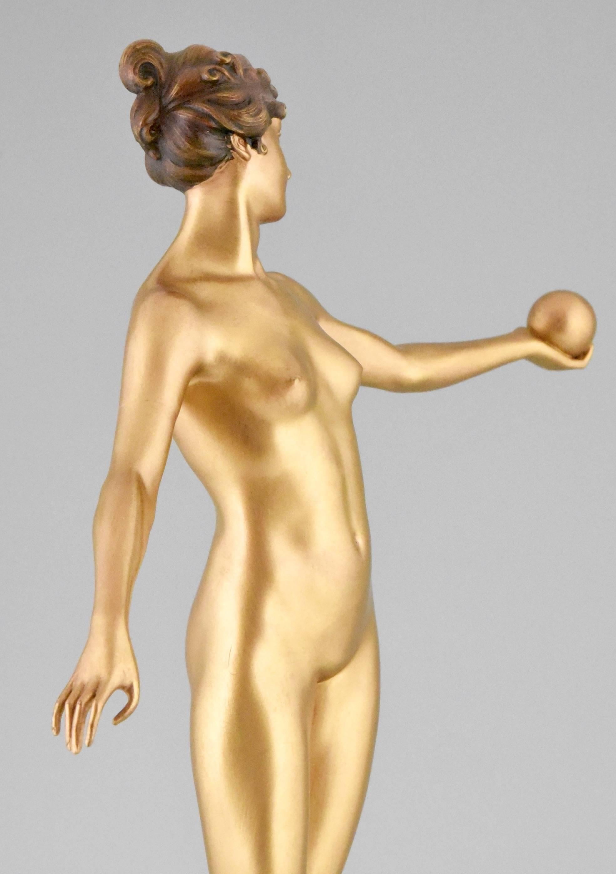 Bronze Art Nouveau bronze sculpture of a nude holding a ball by Hans Keck 1900