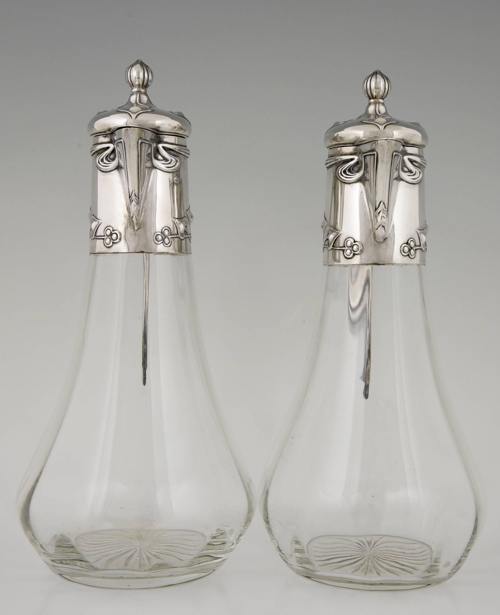 Crystal Pair of Art Nouveau German Silver Decanters by Koch & Bergfeld