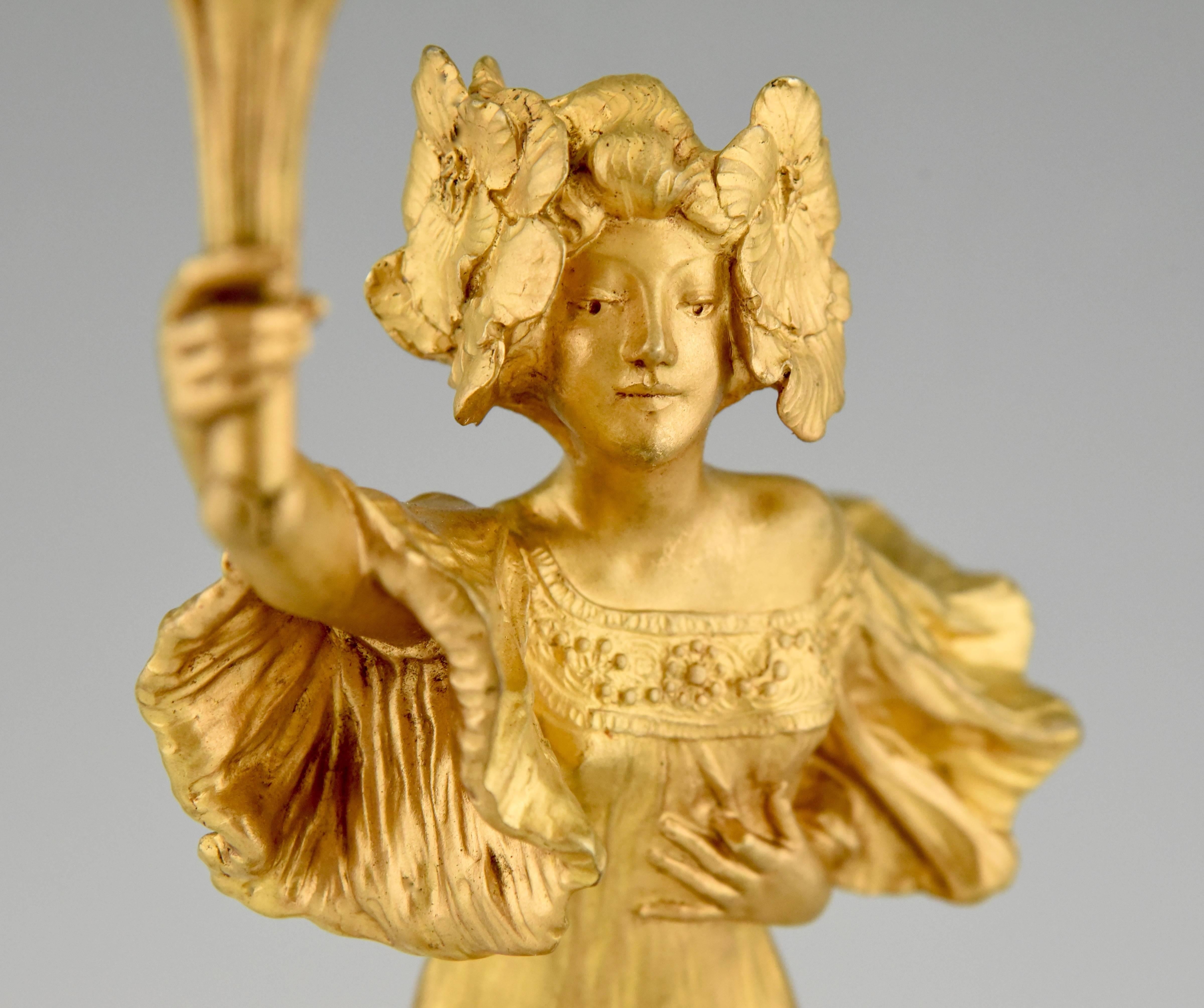 French Gilt Bronze Art Nouveau Lamp Woman Holding a Torch Louis Chalon, 1900 In Excellent Condition In Antwerp, BE