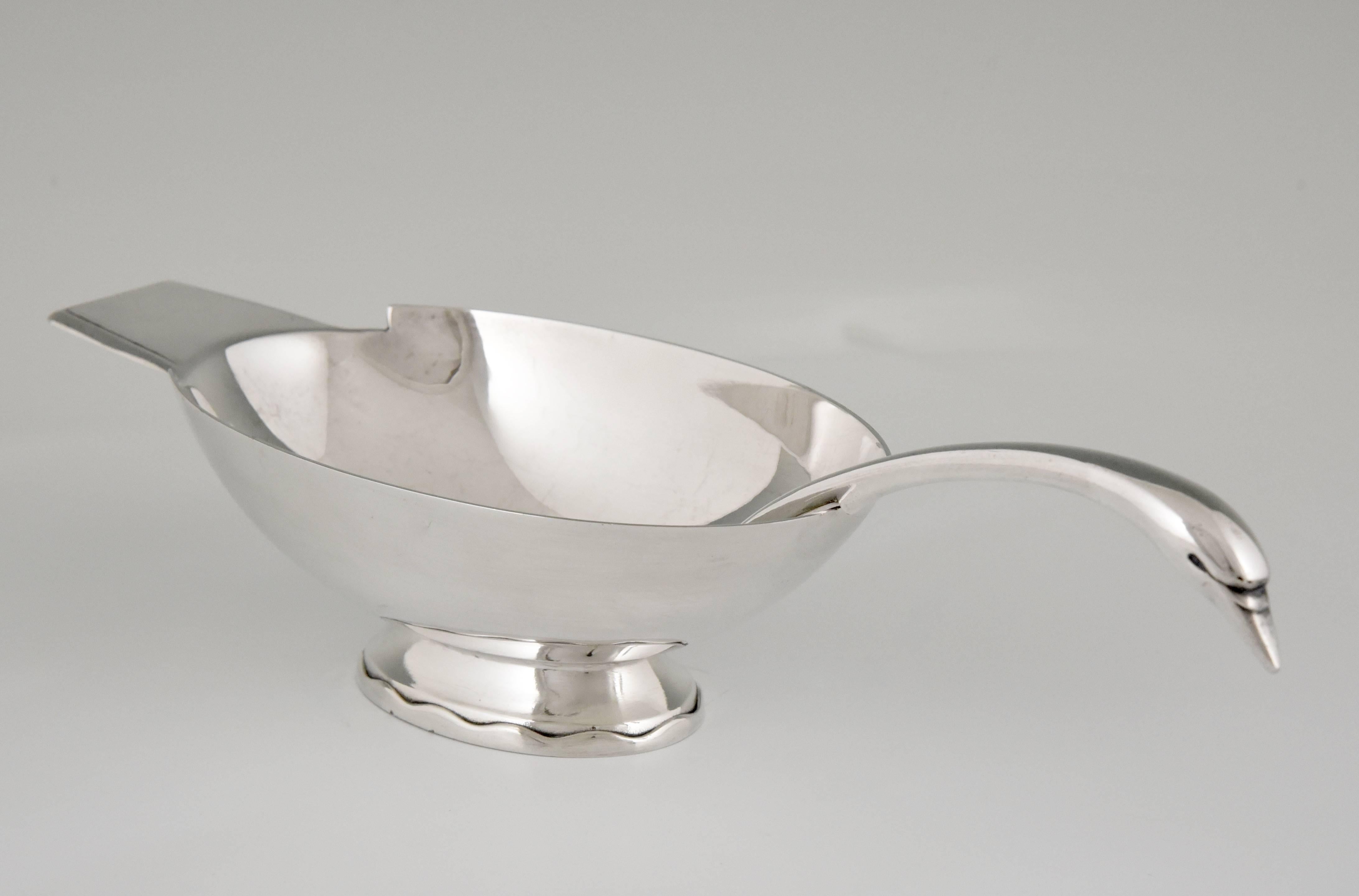 French Art Deco Silvered Swan Sauce Boat Fjerdingstad for Gallia