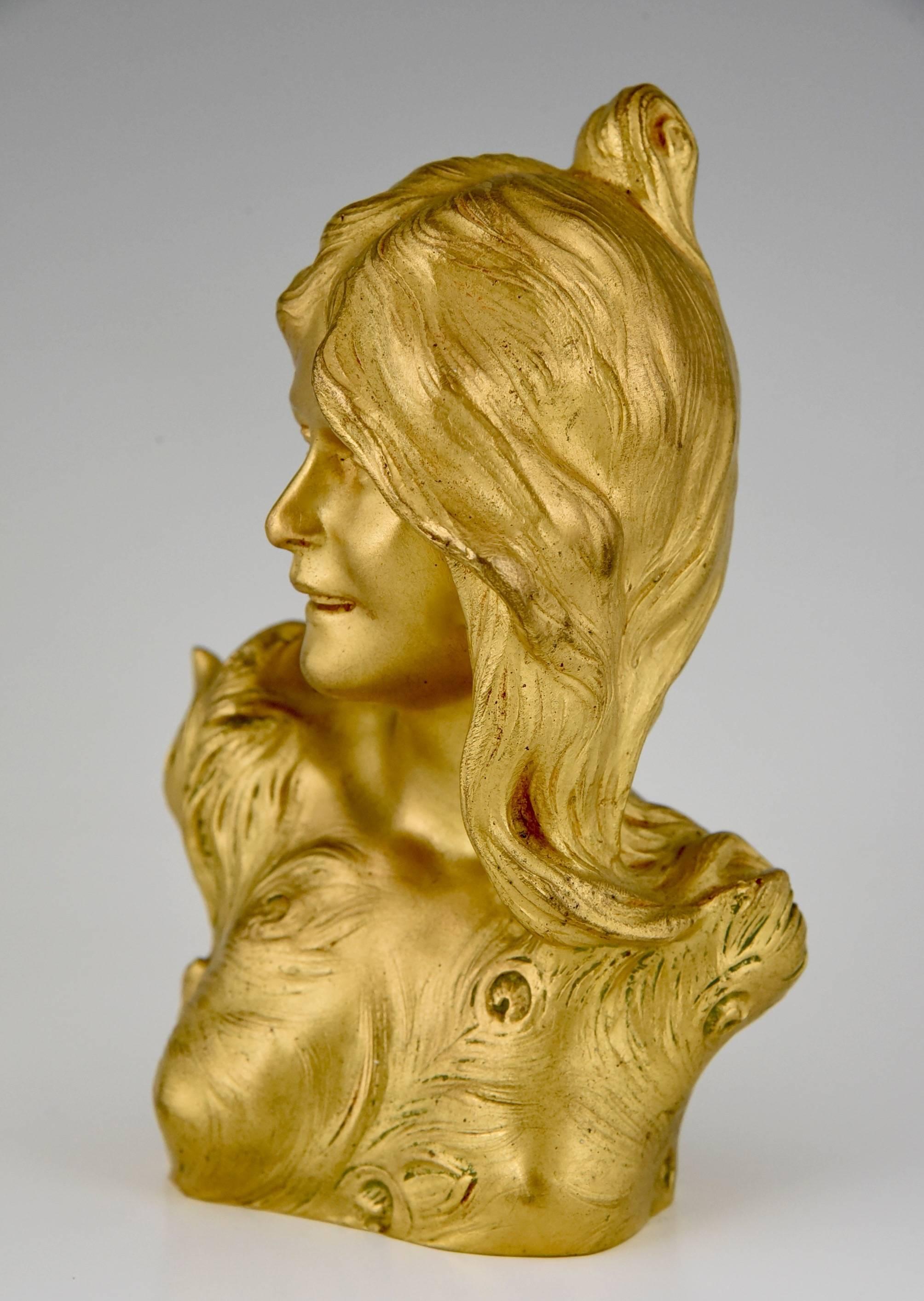 20th Century French Art Nouveau Gilt Bronze sculpture Bust of a lady by Leopold Savine 1905