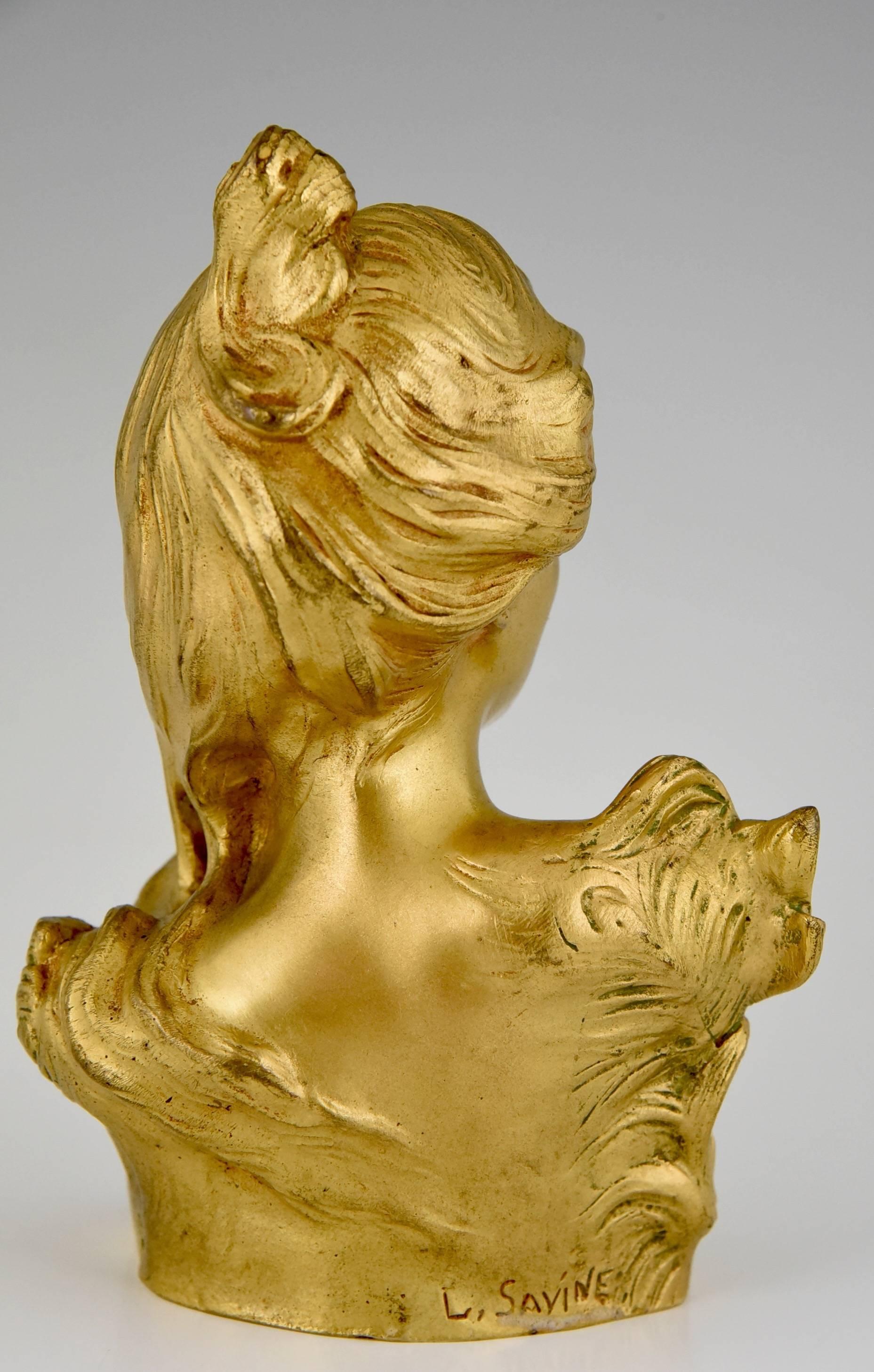 French Art Nouveau Gilt Bronze sculpture Bust of a lady by Leopold Savine 1905 2
