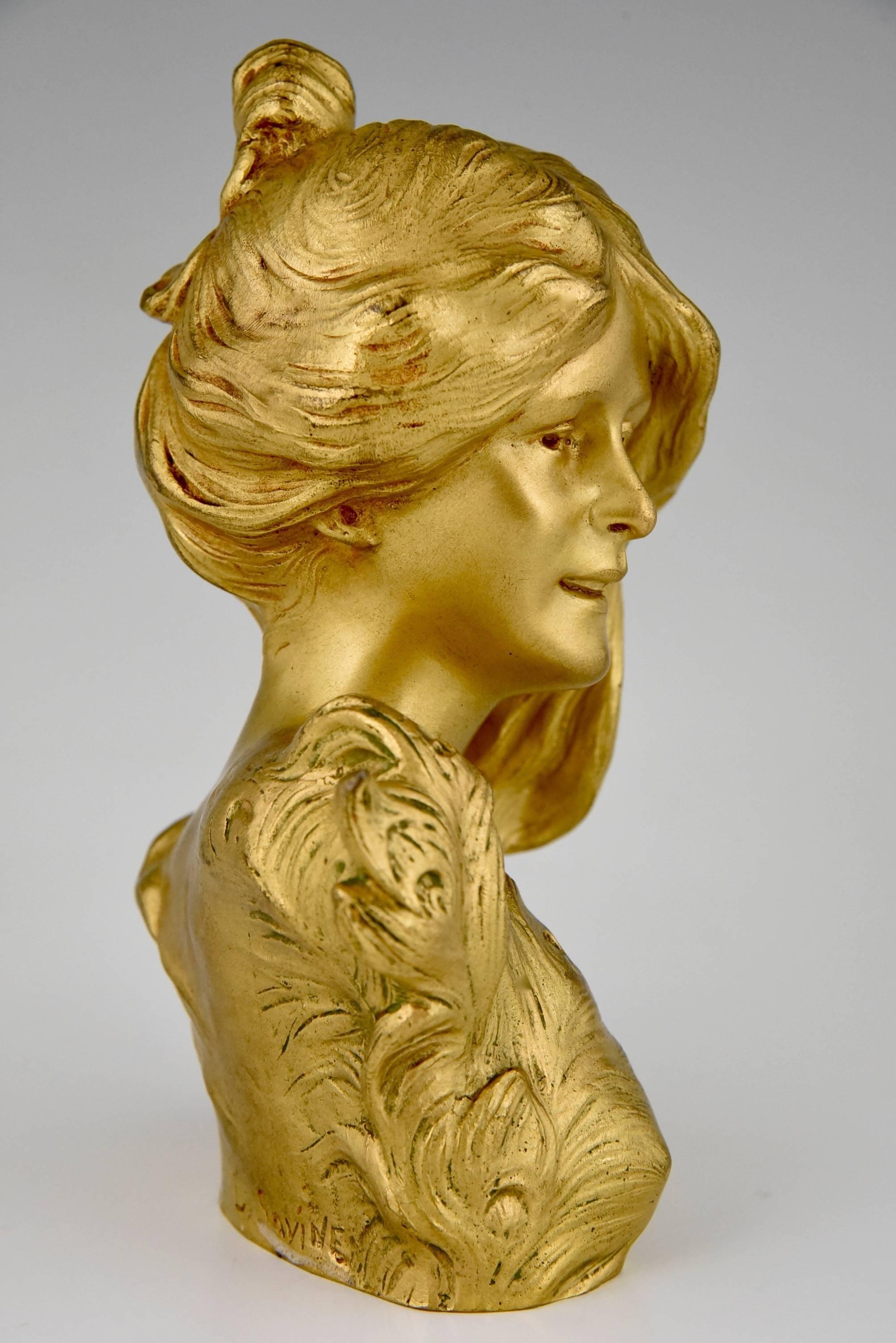 French Art Nouveau Gilt Bronze sculpture Bust of a lady by Leopold Savine 1905 1