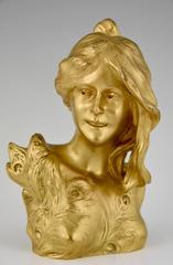 French Art Nouveau Gilt Bronze sculpture Bust of a lady by Leopold Savine 1905