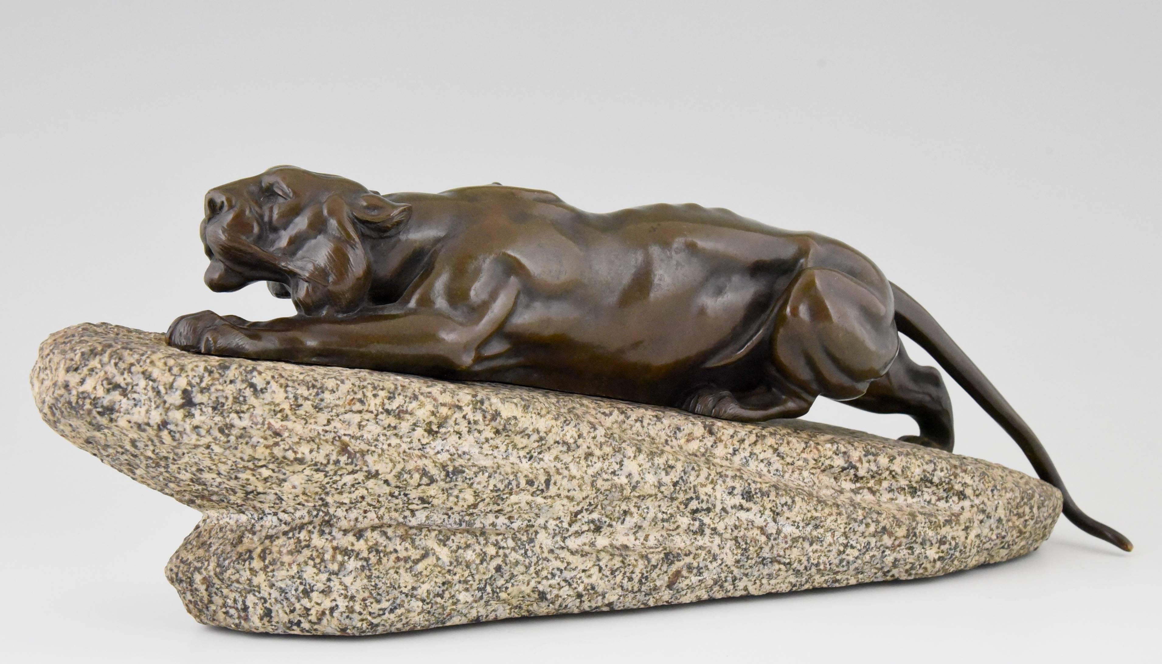 A bronze panther on a rock by  Leon Bureau. 
Style:  Romantic.
Date:  1900. 
Material: Bronze, on a stone base.
Origin:  France. 			
Size:  
H. 43 cm. x L. 15,5 cm. x W. 11 cm. 
 H. 16.9 inch x L. 6.1 inch. x W. 4.3 inch.  
Condition:  Good