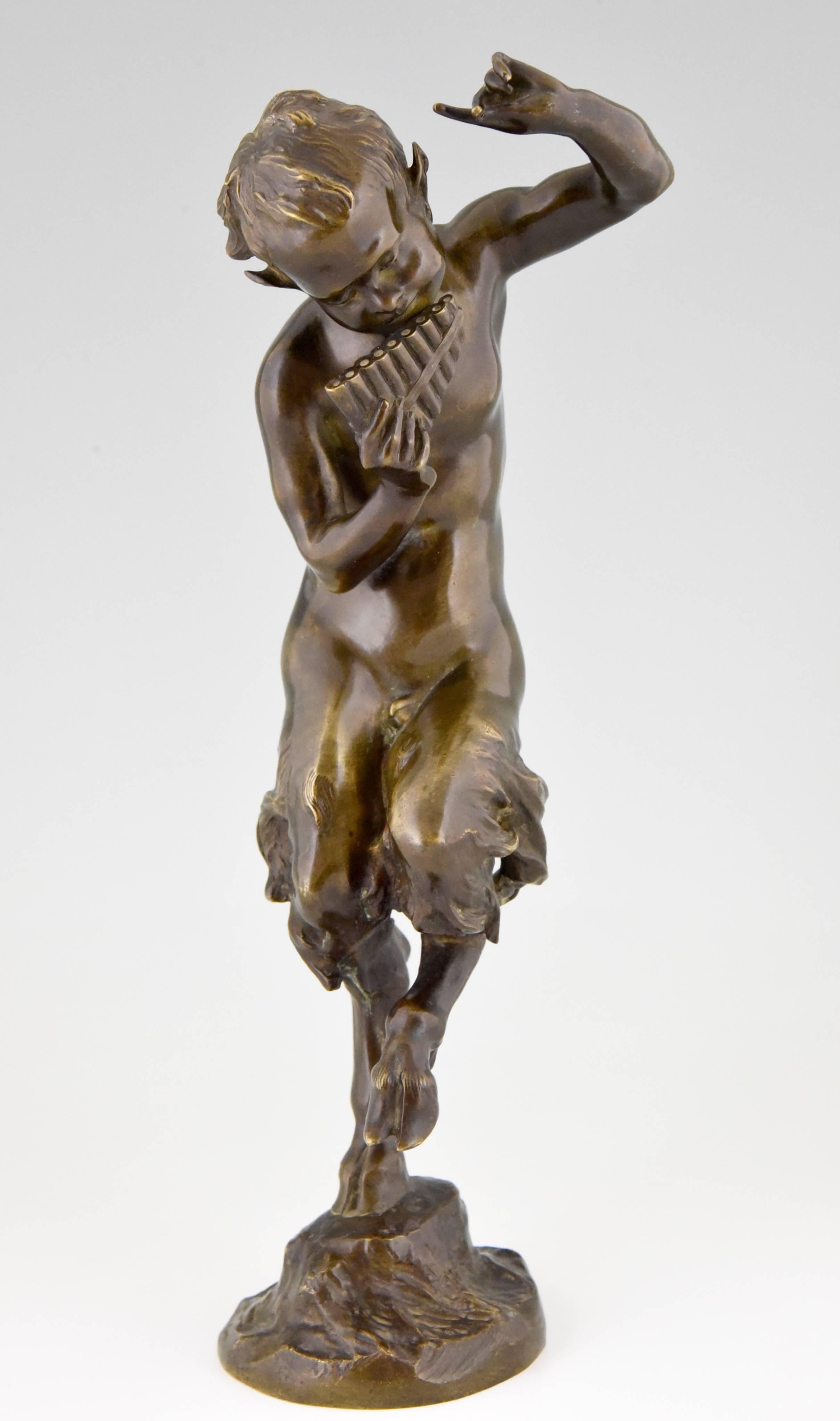 Dancing satyr with pan flute. 
By Jules Jacques Labatut, born in France in 1851.
Signature / Marks:  Labatut.  Prix de Rome
Style: Romantic.
Date:  1881.
Material: Patinated bronze. 	 
Origin:  France. 
Condition:  Good original condition,