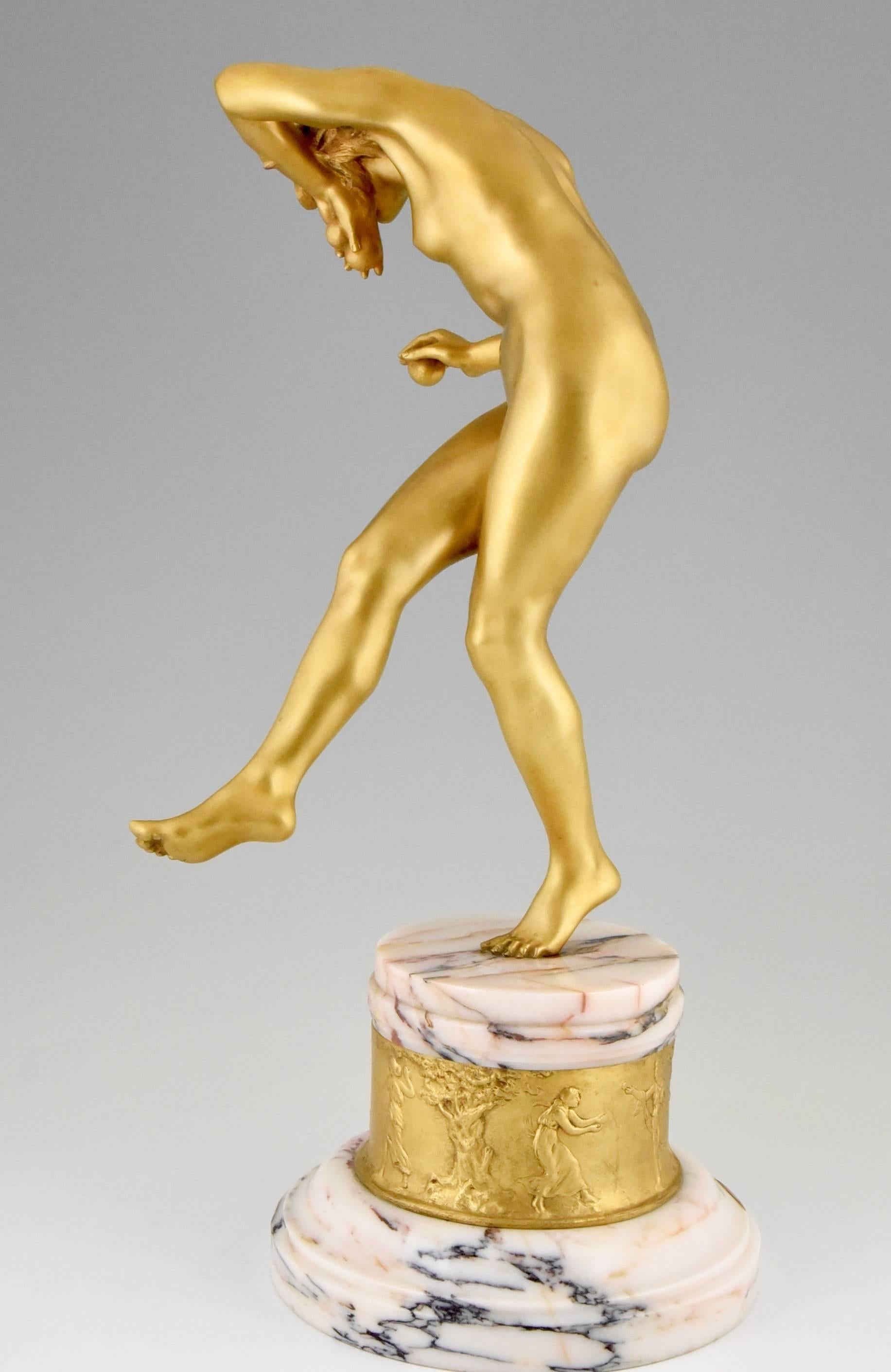 French Art Deco Gilt Bronze Sculpture Nude Dancer with Apple by Delapchier, 1920 France