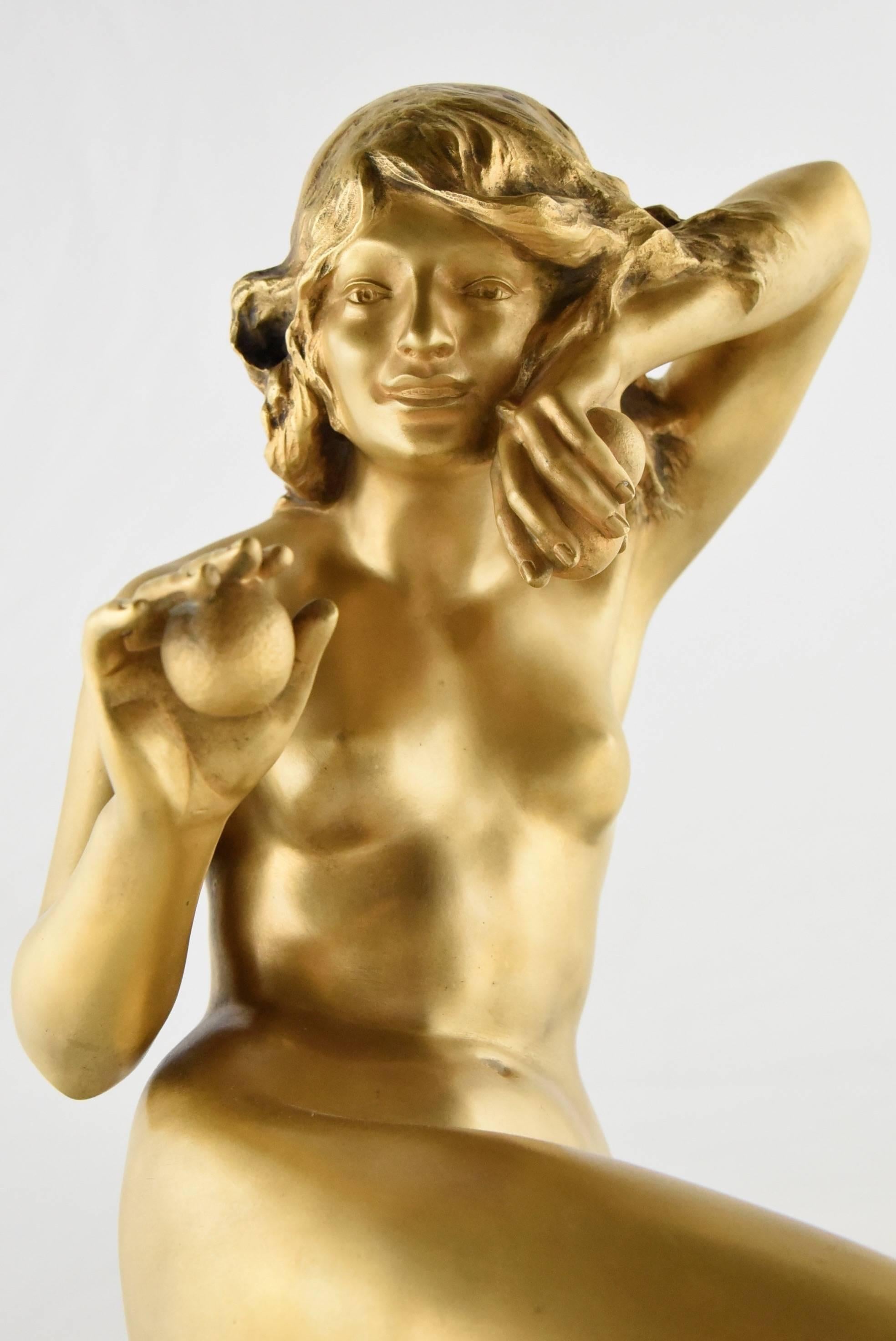 Art Deco Gilt Bronze Sculpture Nude Dancer with Apple by Delapchier, 1920 France 1