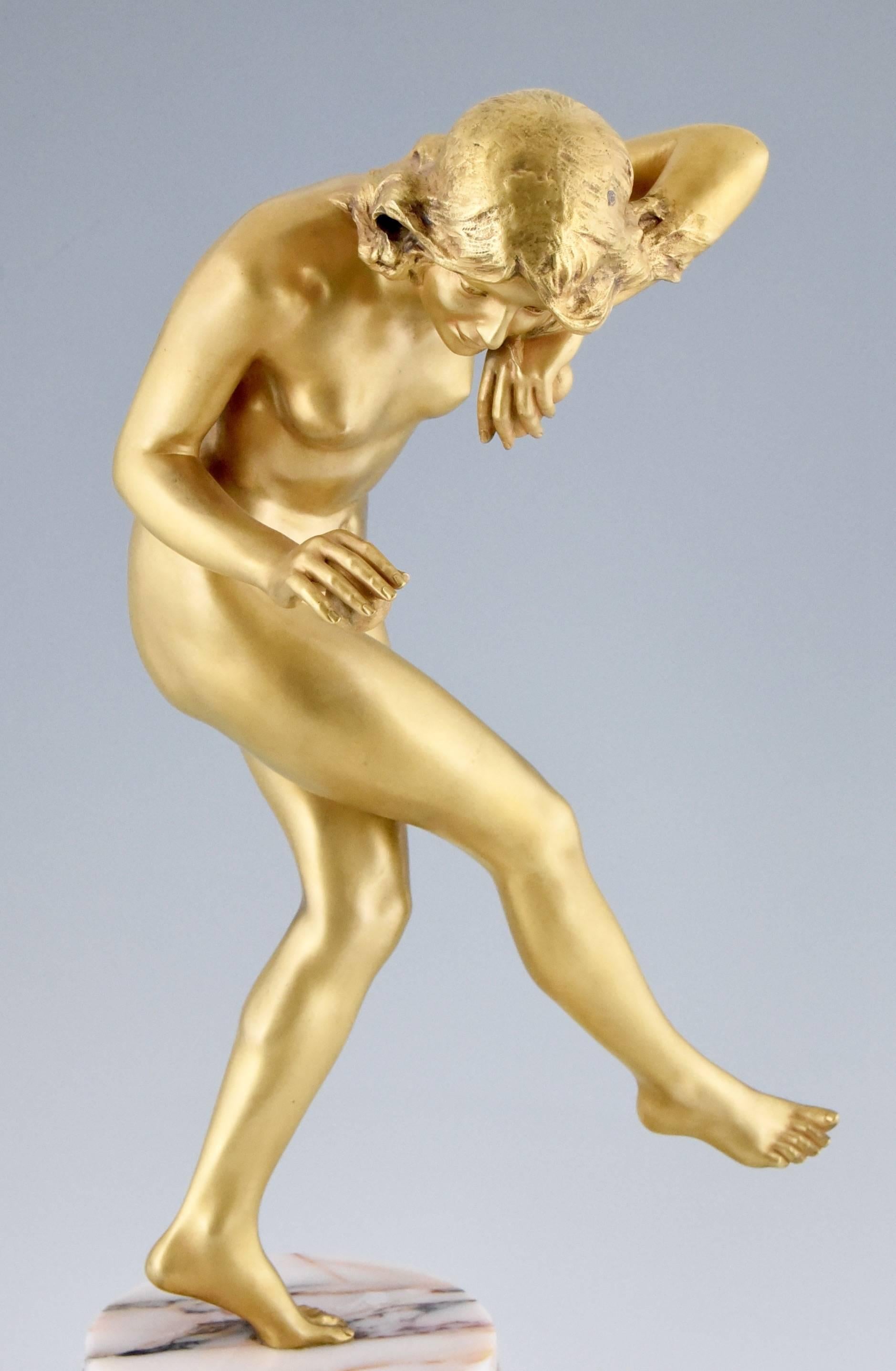 Art Deco Gilt Bronze Sculpture Nude Dancer with Apple by Delapchier, 1920 France 2