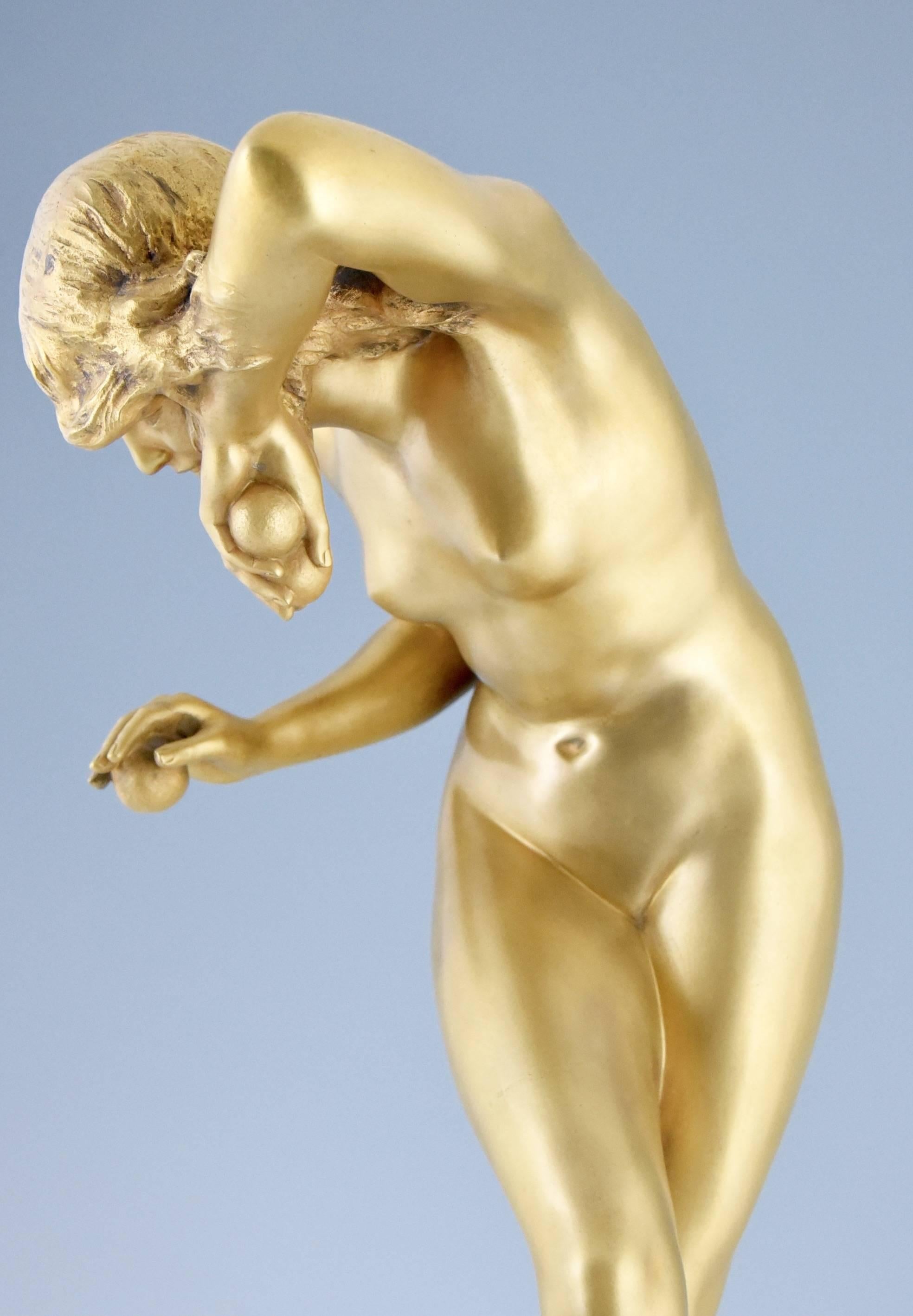 Art Deco Gilt Bronze Sculpture Nude Dancer with Apple by Delapchier, 1920 France 3