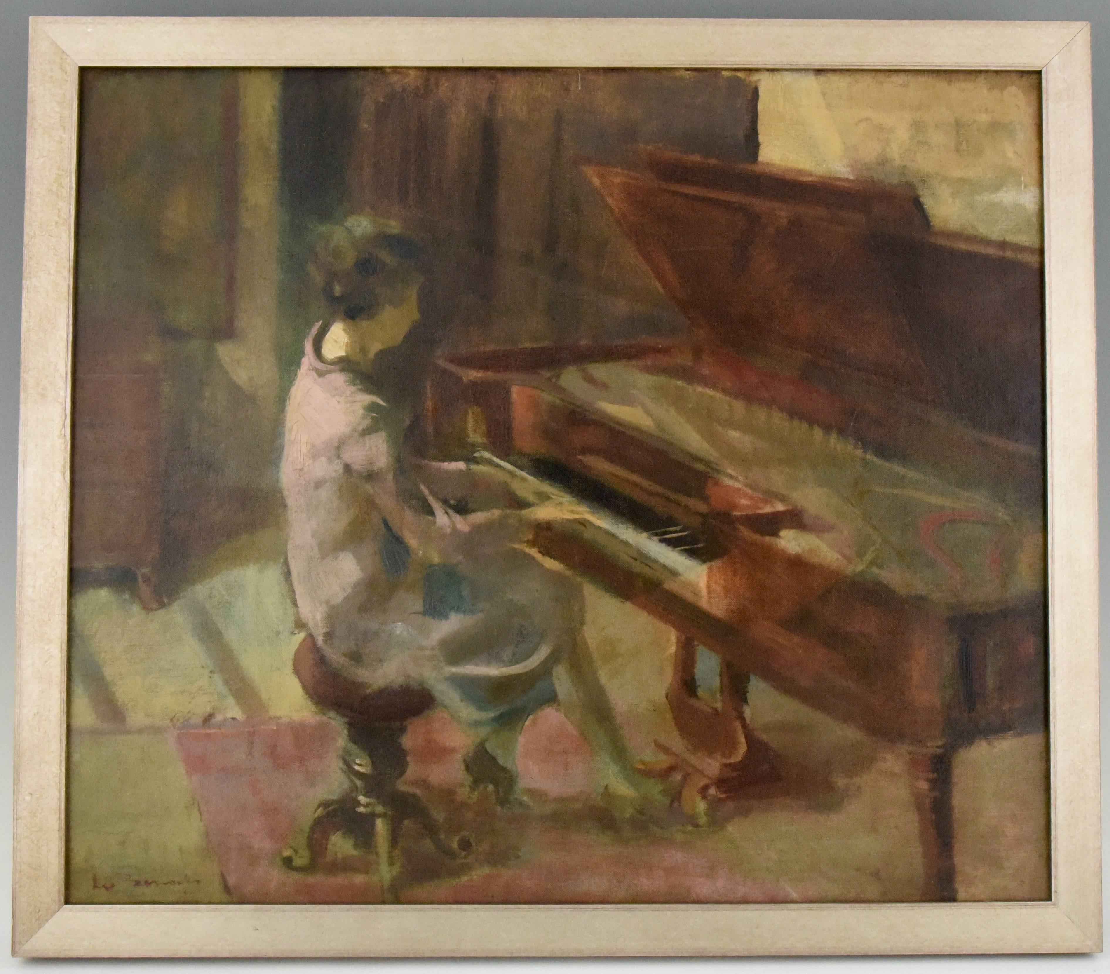 Very nice subject for this Art Deco painting of a woman at the piano. The warm colors are typical for the work of Leo Bervoets, a Belgian artist. The work is on canvas and has a contempoarary frame. 

Signature/ Marks: Leo Bervoets
Style:
