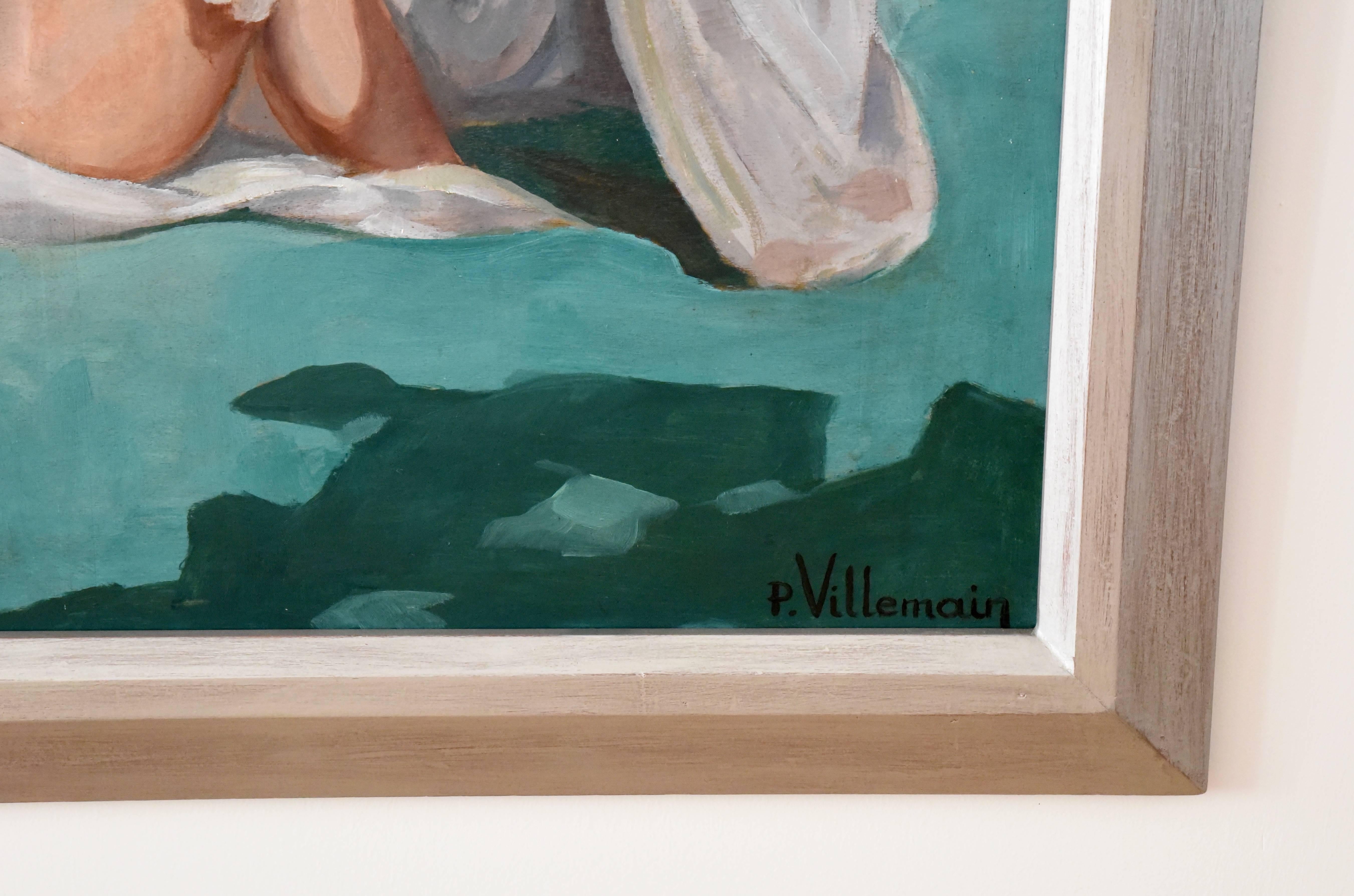 Beautiful large French Art Deco painting with three bathing nudes under a tree.
The standing nude is holding a blue drape.
Original wooden frame with silver patina.
Artist/ maker: P. Villemain
Signature/ marks: P. Villemain 1931
Style: Art