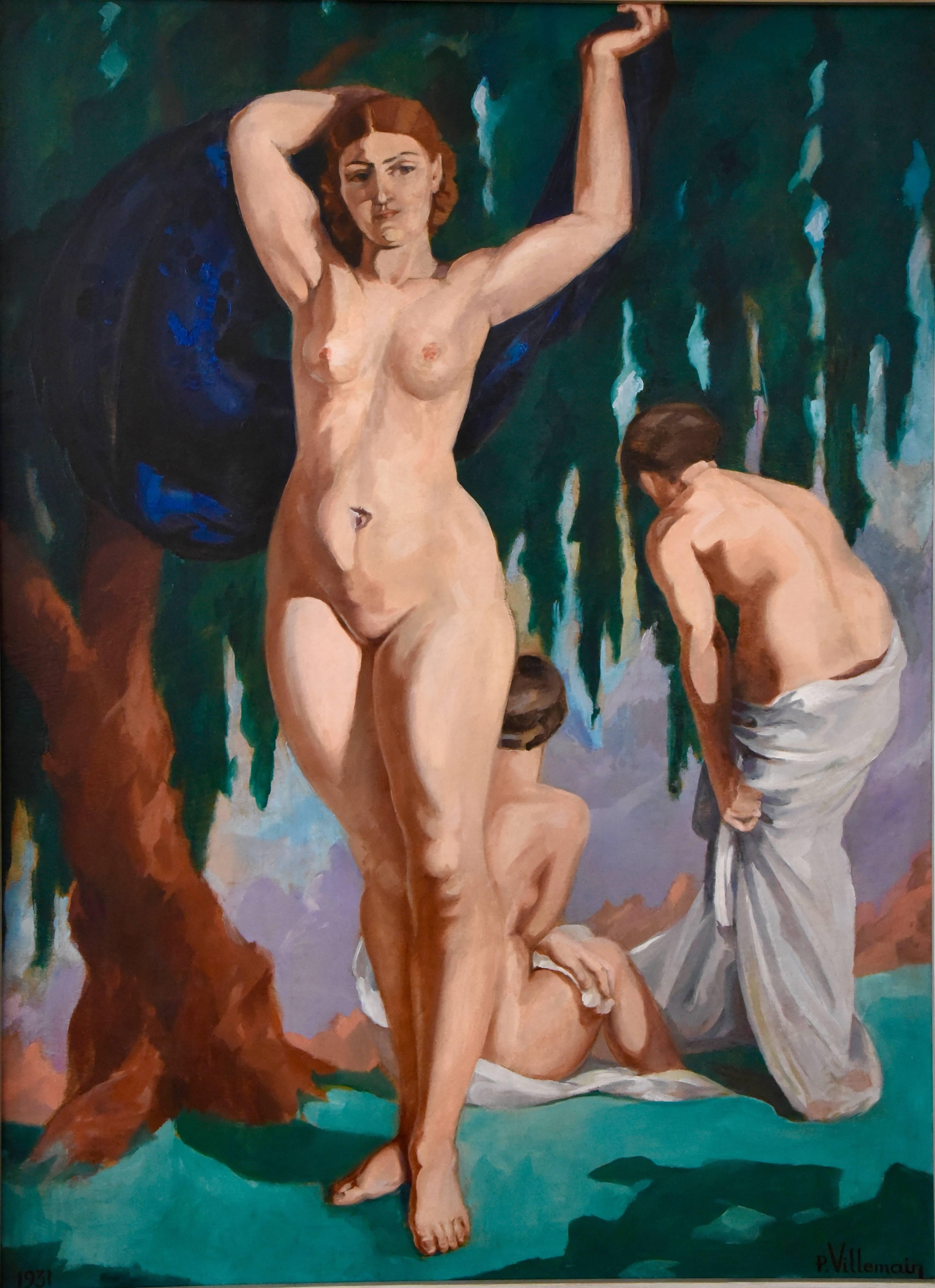 Art Deco Painting with Three Bathing Nudes by P. Villemain, 1931 France  In Good Condition In Antwerp, BE