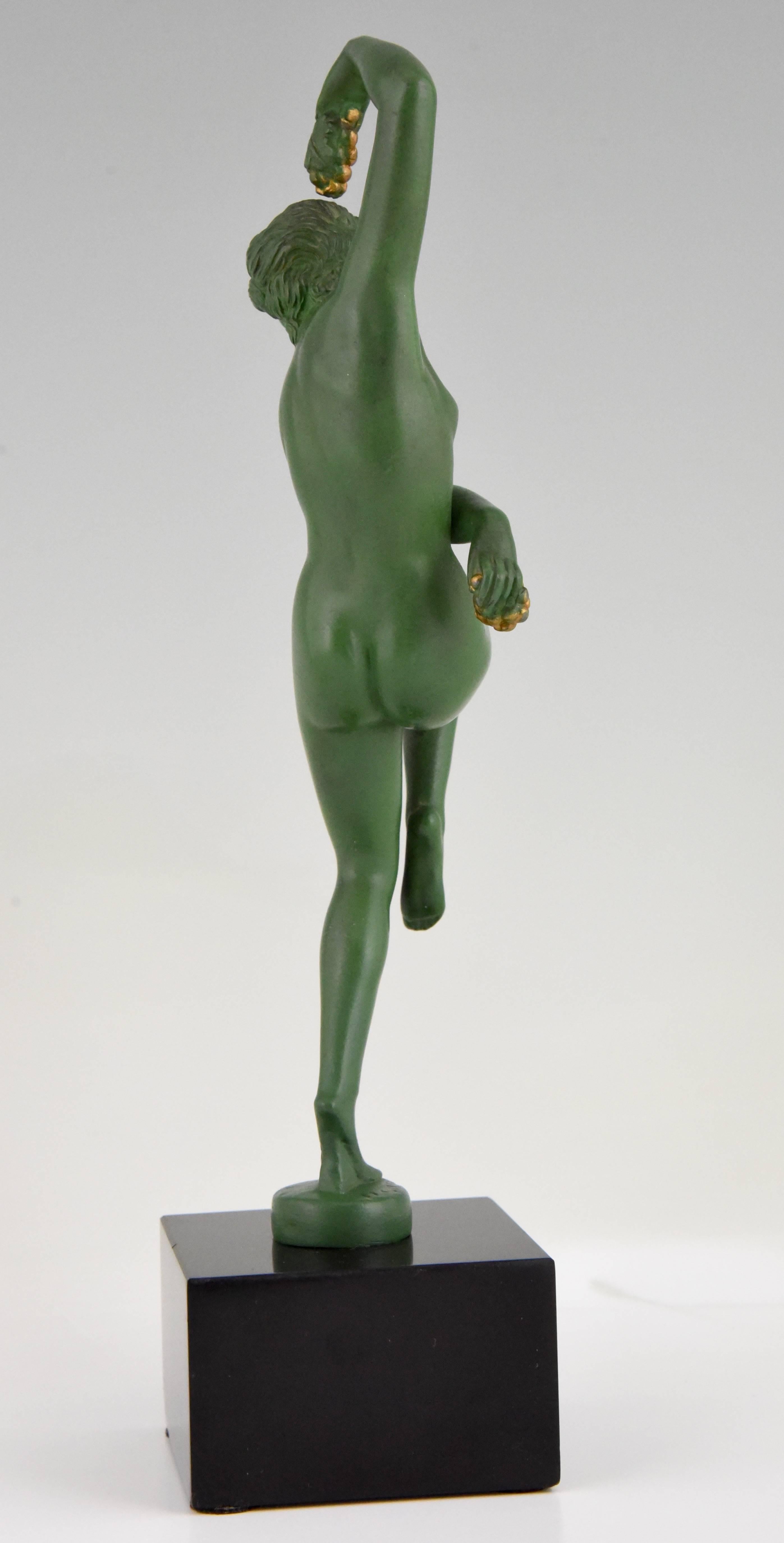 Metal Art Deco Sculpture Nude Dancer with Grapes by Denis, 1930 France